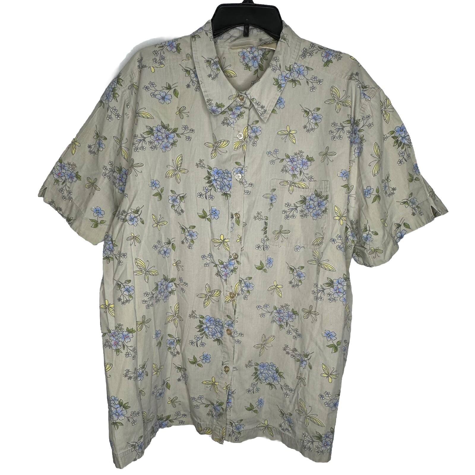 Bobbie Brooks Vintage Button Up Top 22W 24W Tan Floral Butterfly Grandma Granny
