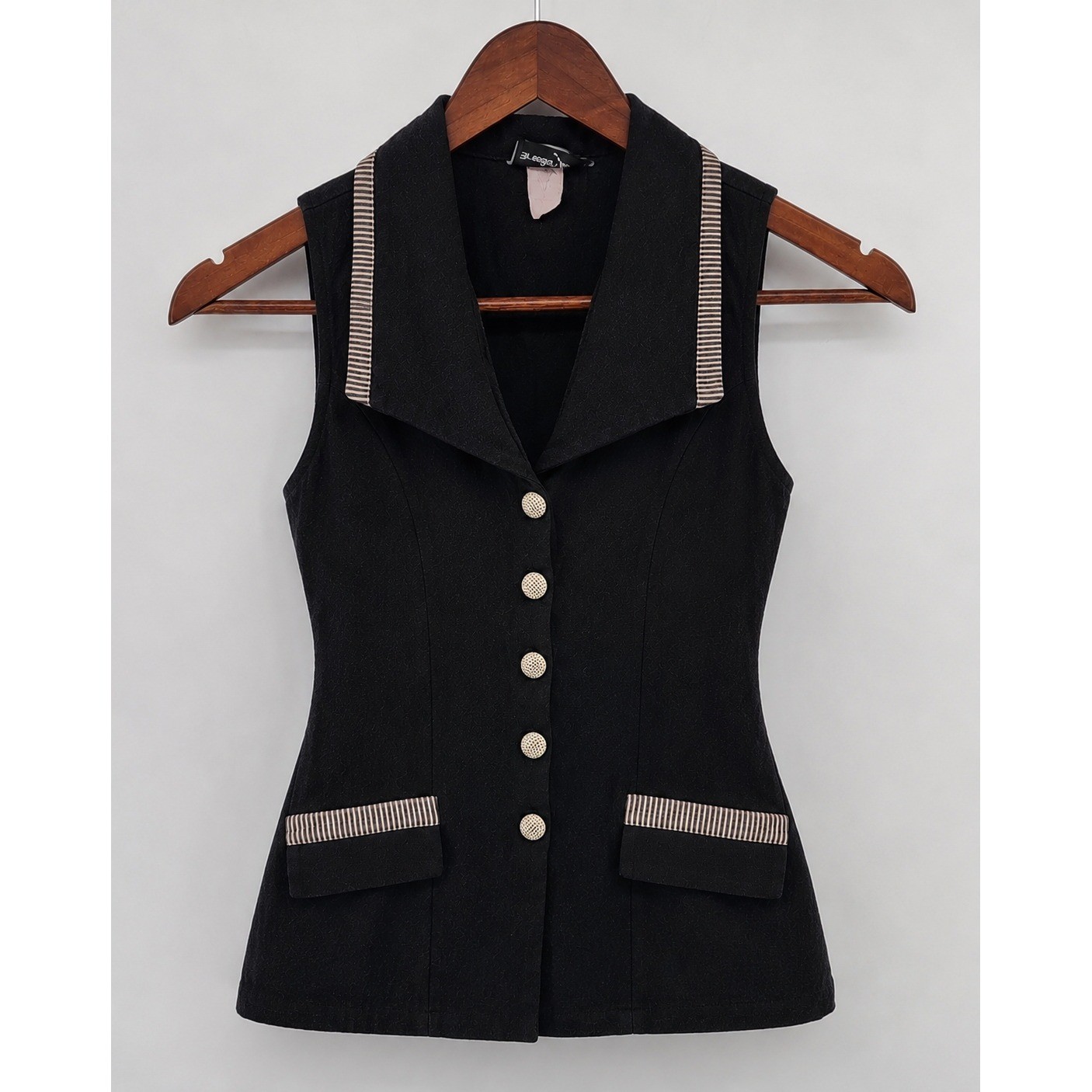Breakin Loose Vintage Black Sleeveless Button Front Vest Waistcoat Striped Trim