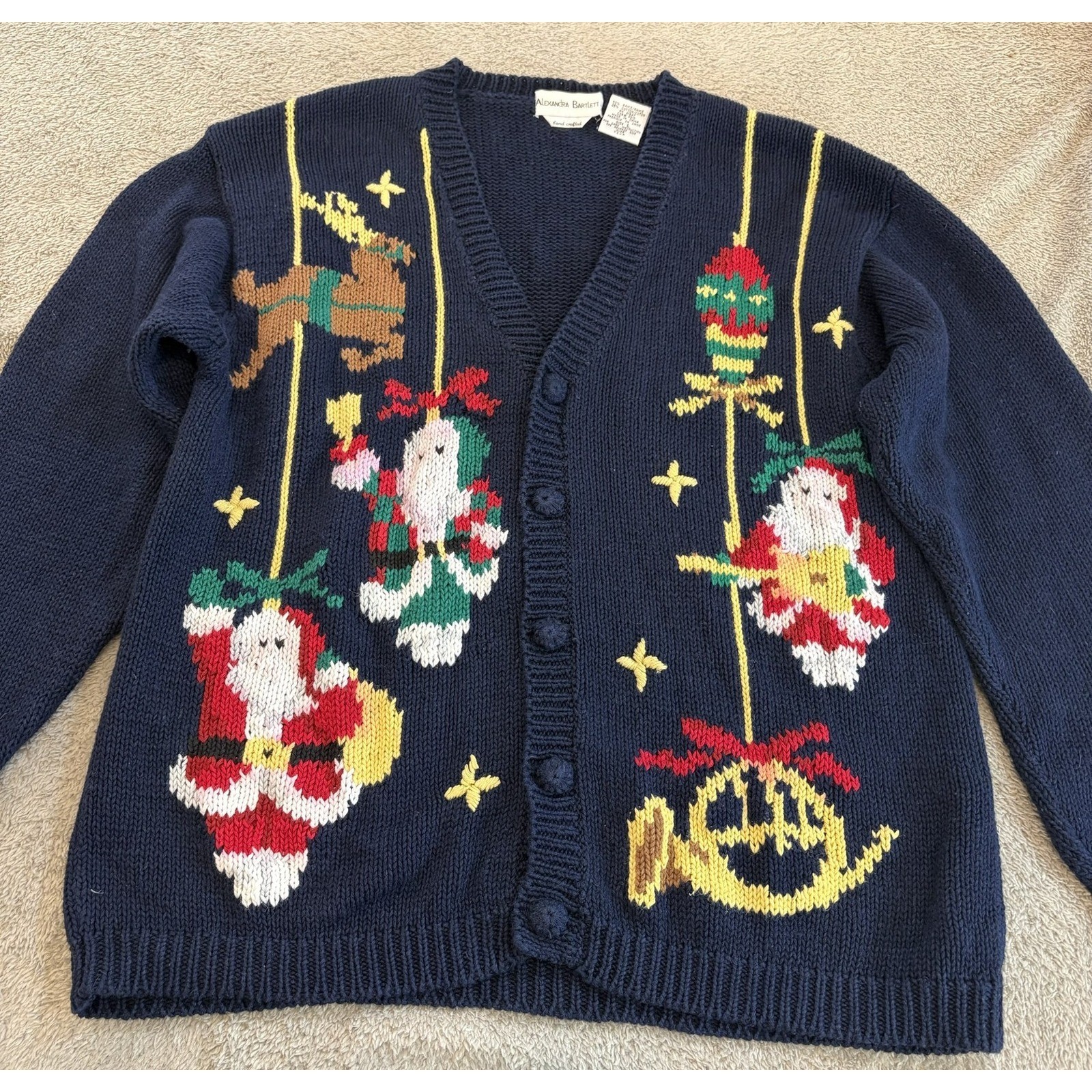 Alexandra Bartlett Vintage Navy Christmas Cardigan Santa Reindeer L Hand Made