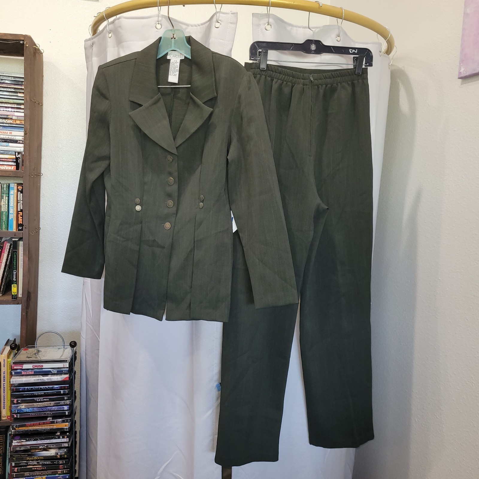 Vintage 90s Women&rsquo;s Olive Green Blazer Pant Suit Set Copper Button By Scarlett M