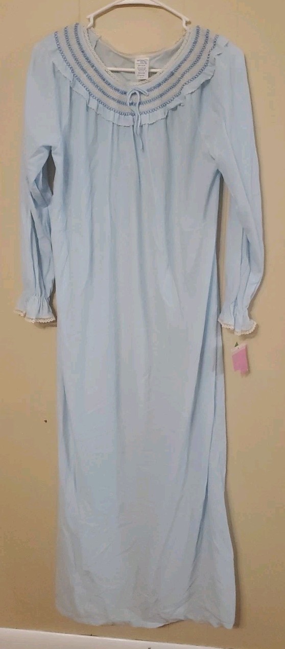 VTG JCPenney Solid Blue Nightgown M Striped Ruffle Collar Maxi New Old Stock
