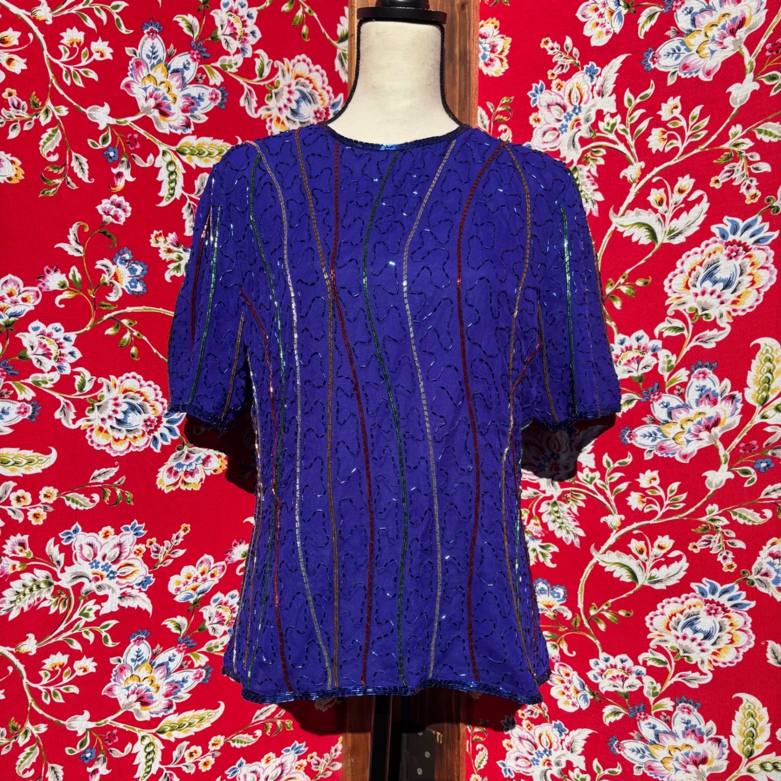 VTG 90&rsquo;s 100% Silk Blue Beaded Multicolor Boho Chic Glam Blouse Women&rsquo;s Size L