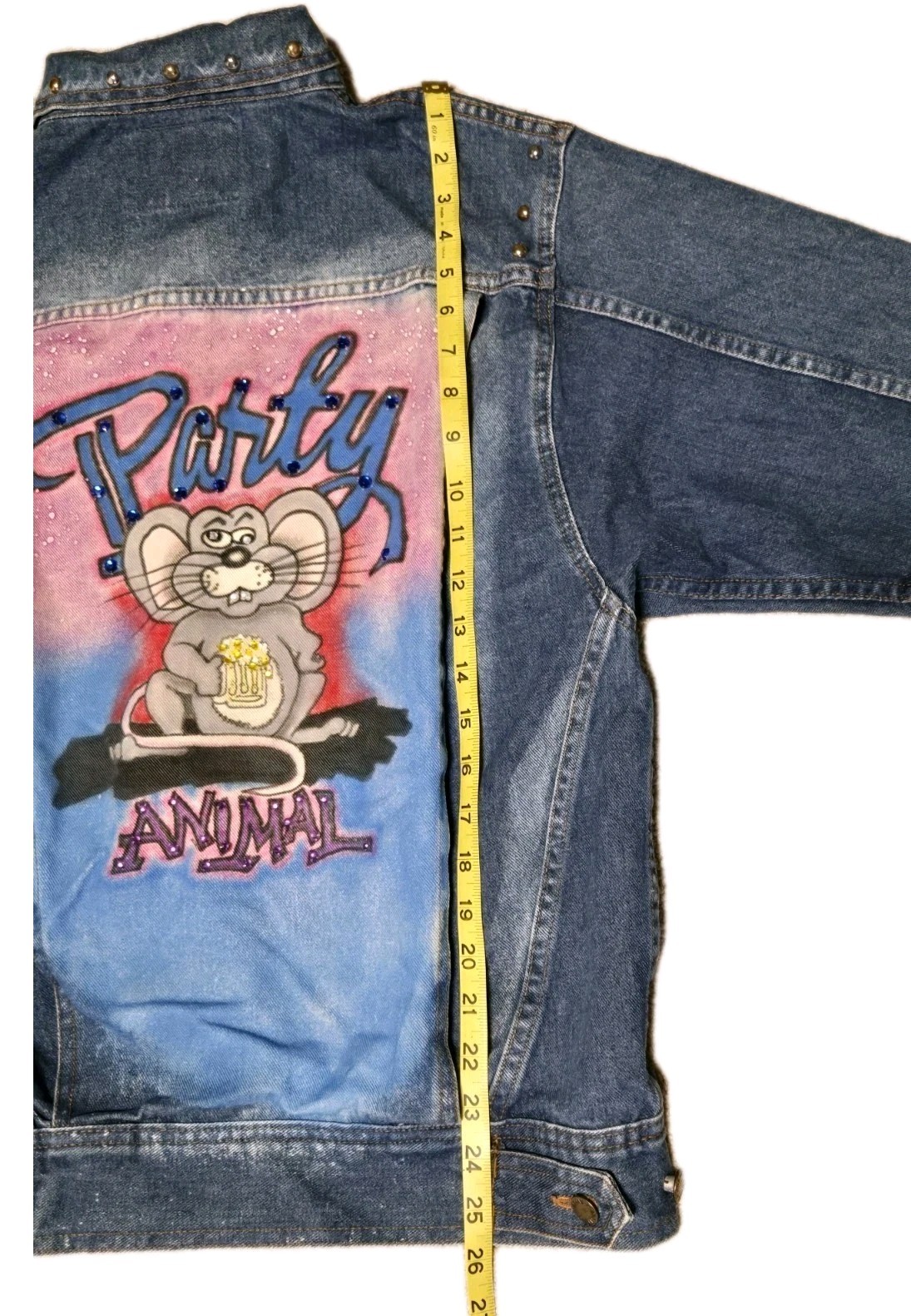 Vtg Denim Trucker Jacket Hand Painted PARTY ANIMAL Rat Studded ANZANI Sz S RARE!