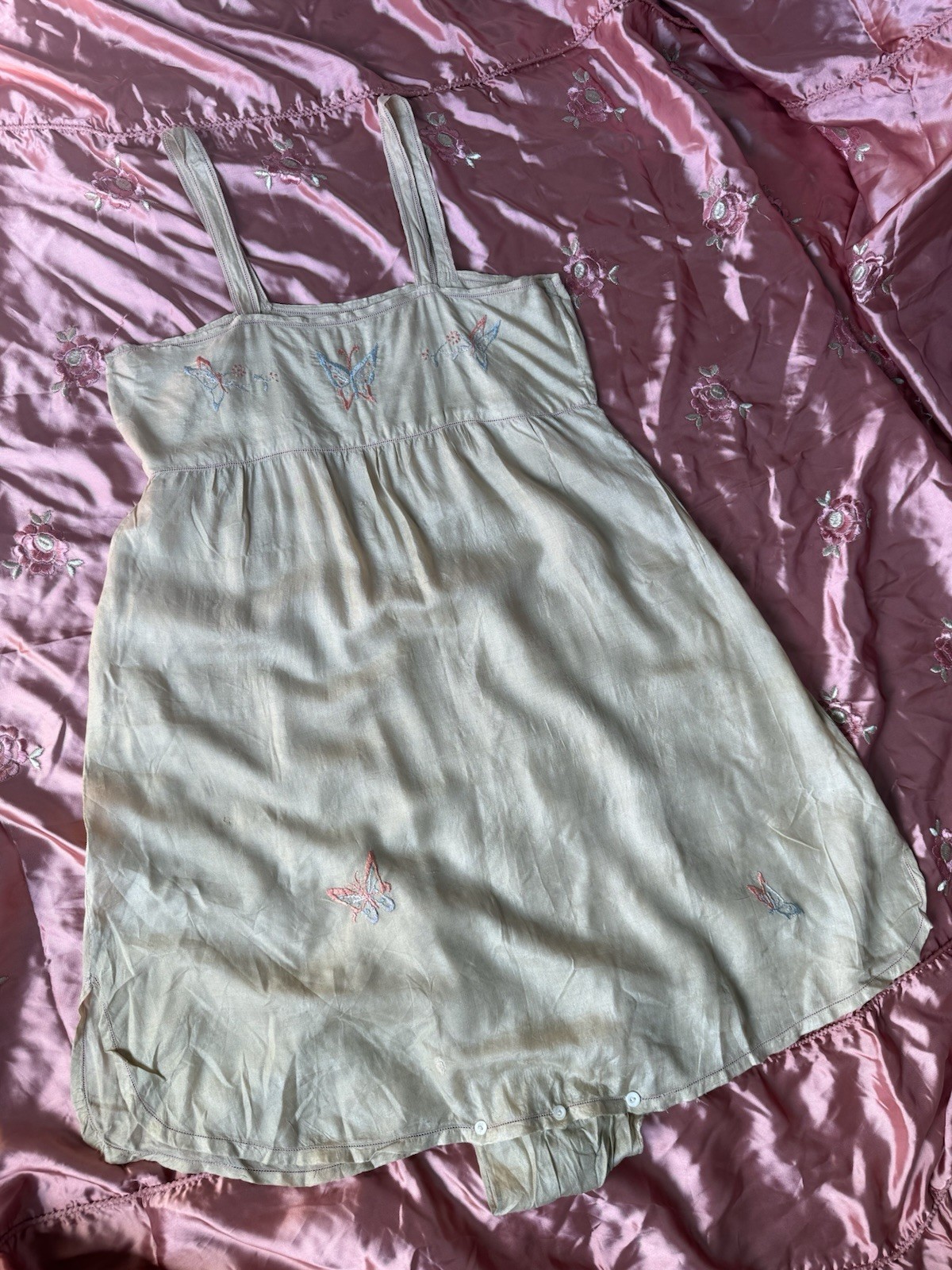 Antique 1920’s Pongee Slip Step-in Butterfly Embroidery Chemise Écru Silk Set