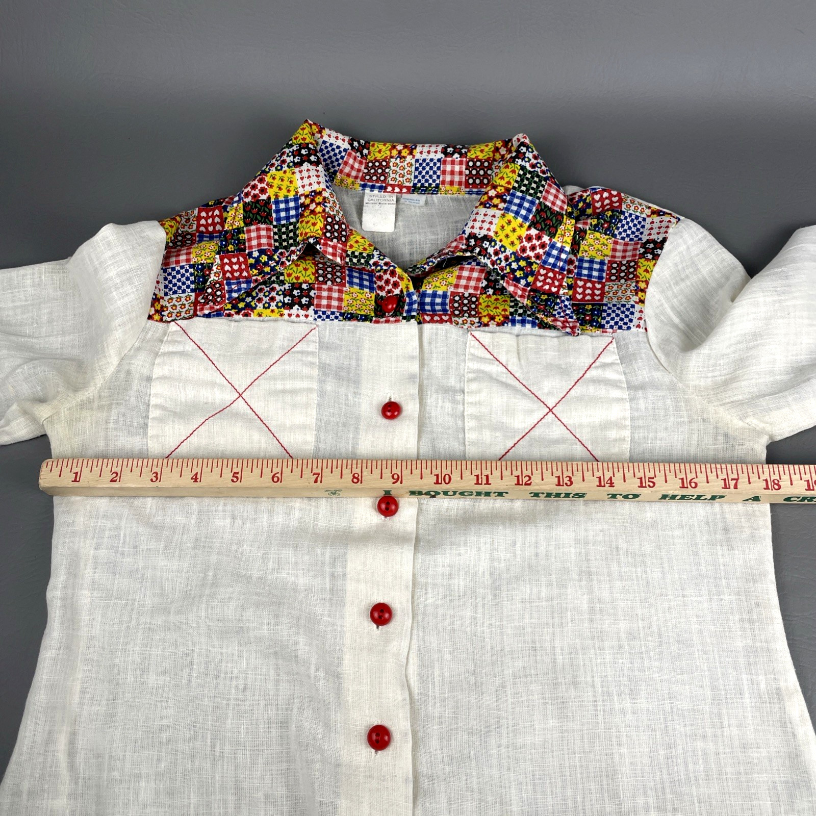 VTG 70s Patchwork Western Shirt Womens S Ivory Folk Boho Cowgirl Blouse