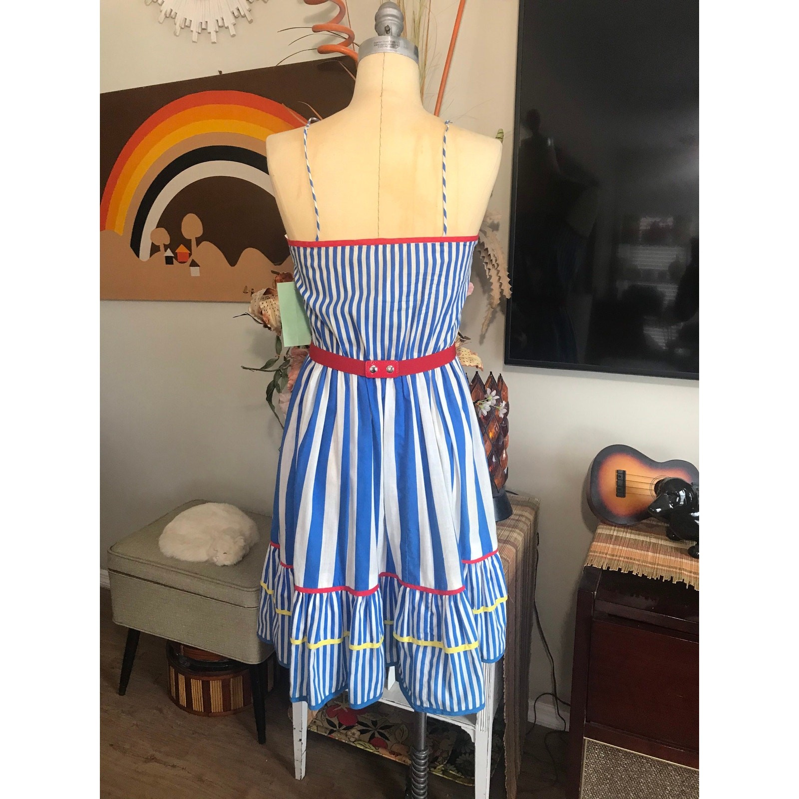 1970s Striped Sun Dress Blue Red Yellow Cotton Spaghetti Strap Flared Midi