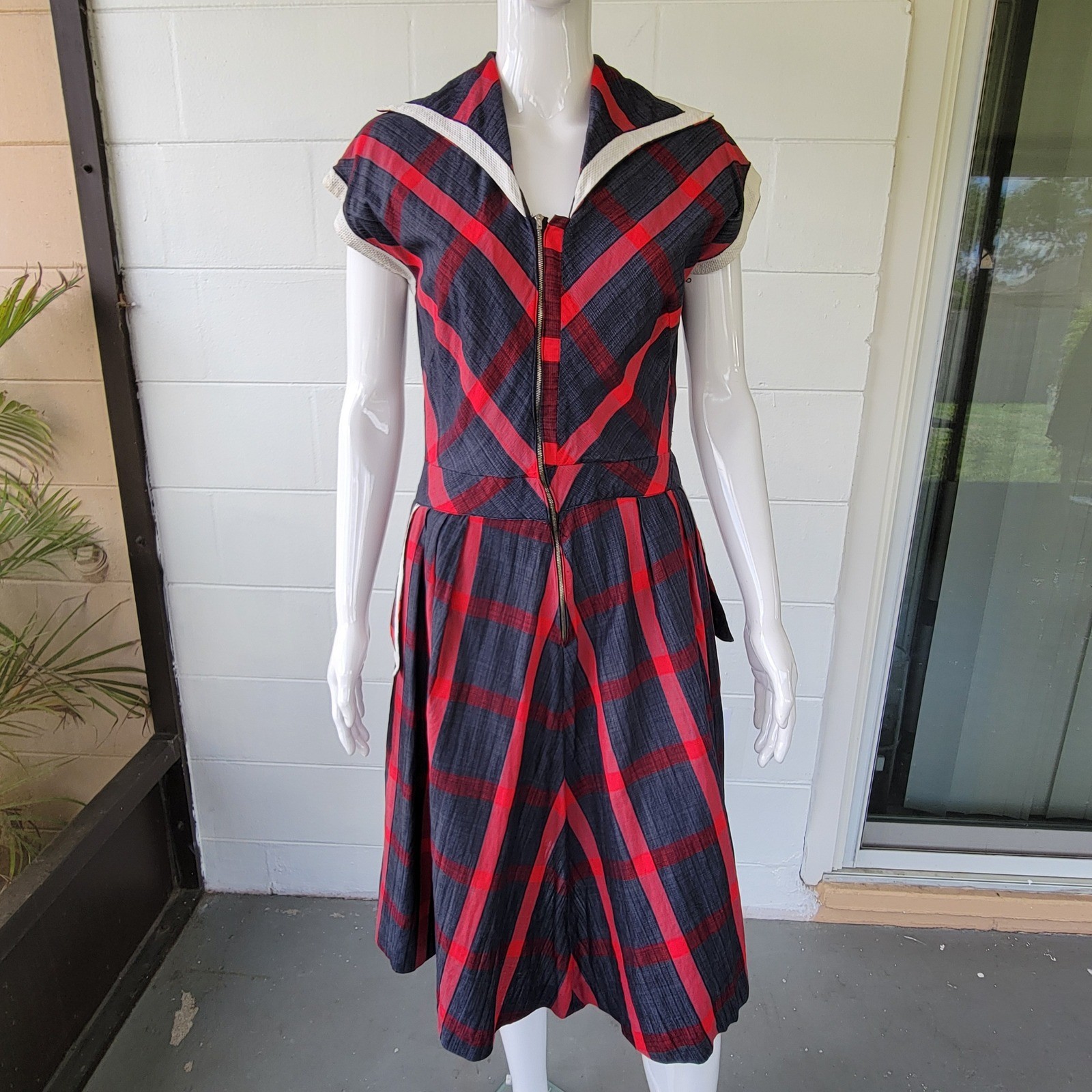 Vintage 50s Toni Todd Plaid Sailor Dress Red Grey Women&rsquo;s M Rockabilly