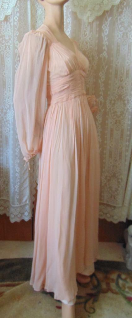 1940s ORIGINAL DESIGN PINK CHIFFON LONG DRESS PUFF BALLOON SLEEVES 24 W