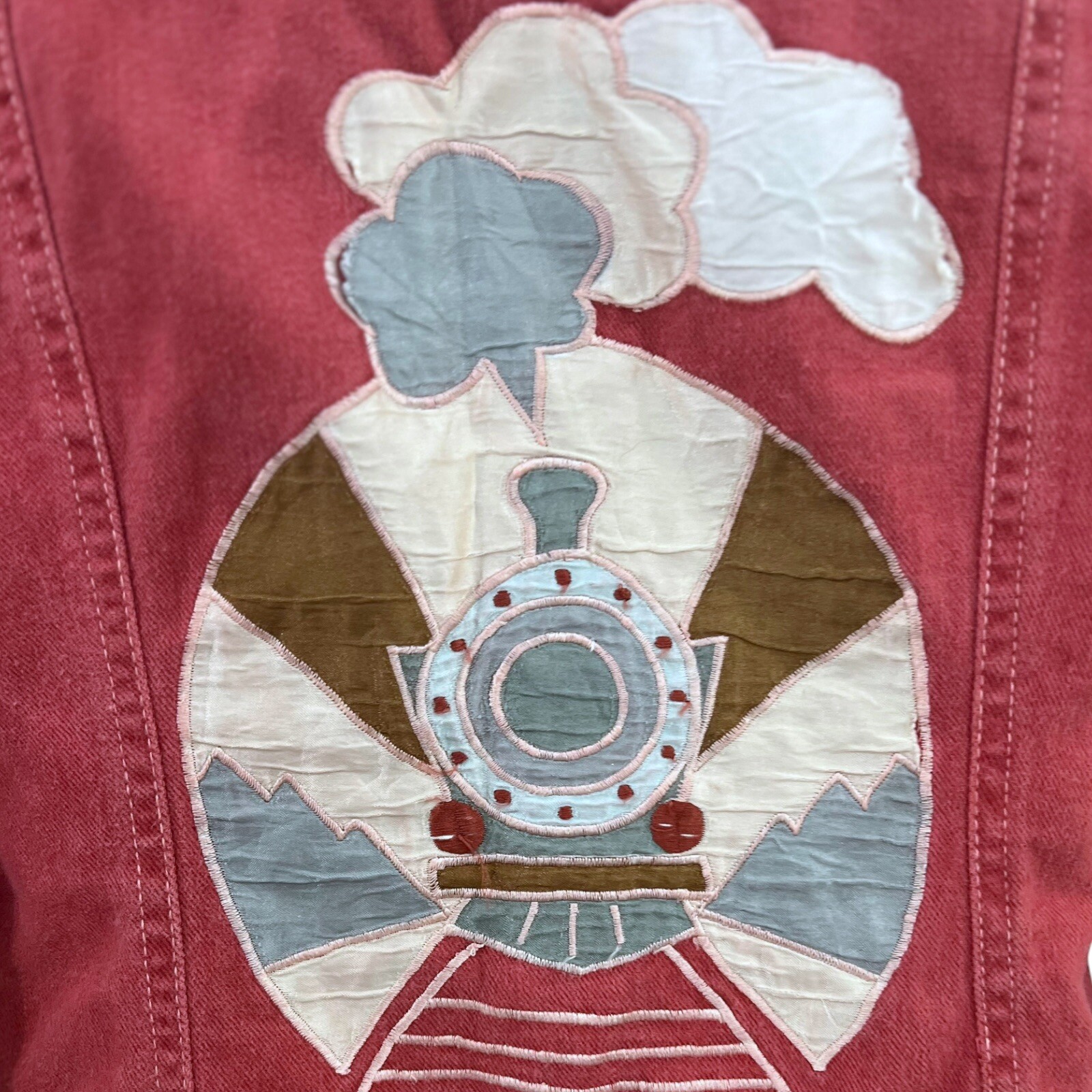 1970s Roncelli Denim Jacket Novelty Train Appliqué Vintage Top Wearable Art Sz S