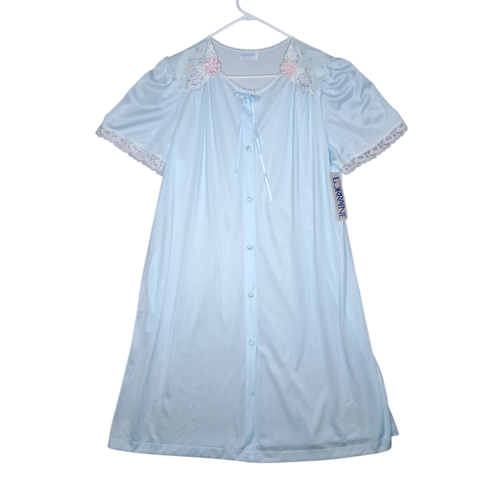 Vintage Lorraine Nylon Nightgown Robe Peignoir Sz Large Embroidered Blue 70s NEW