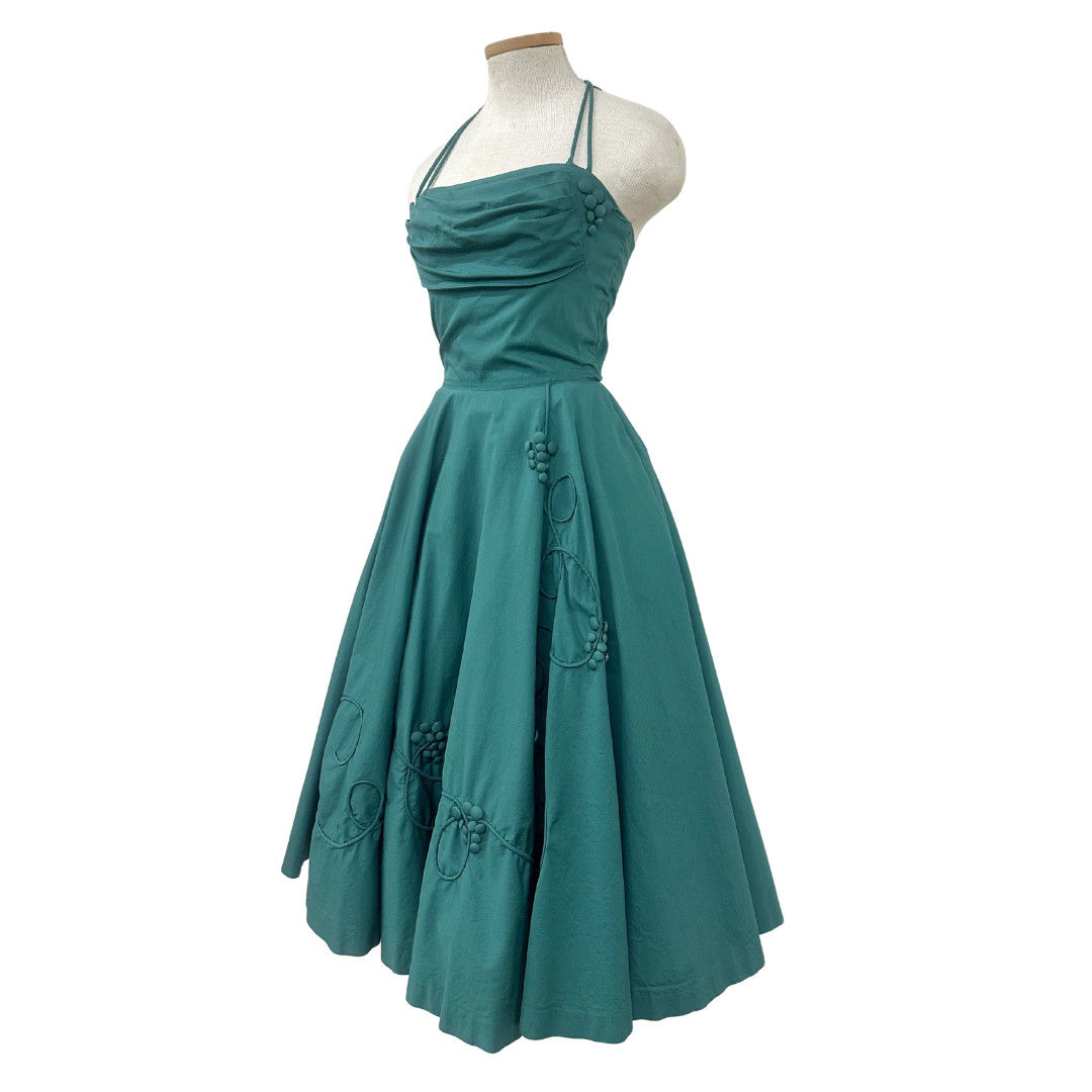 Vintage 1950s Noveltly Green Grape Button Fit n Flare Dress
