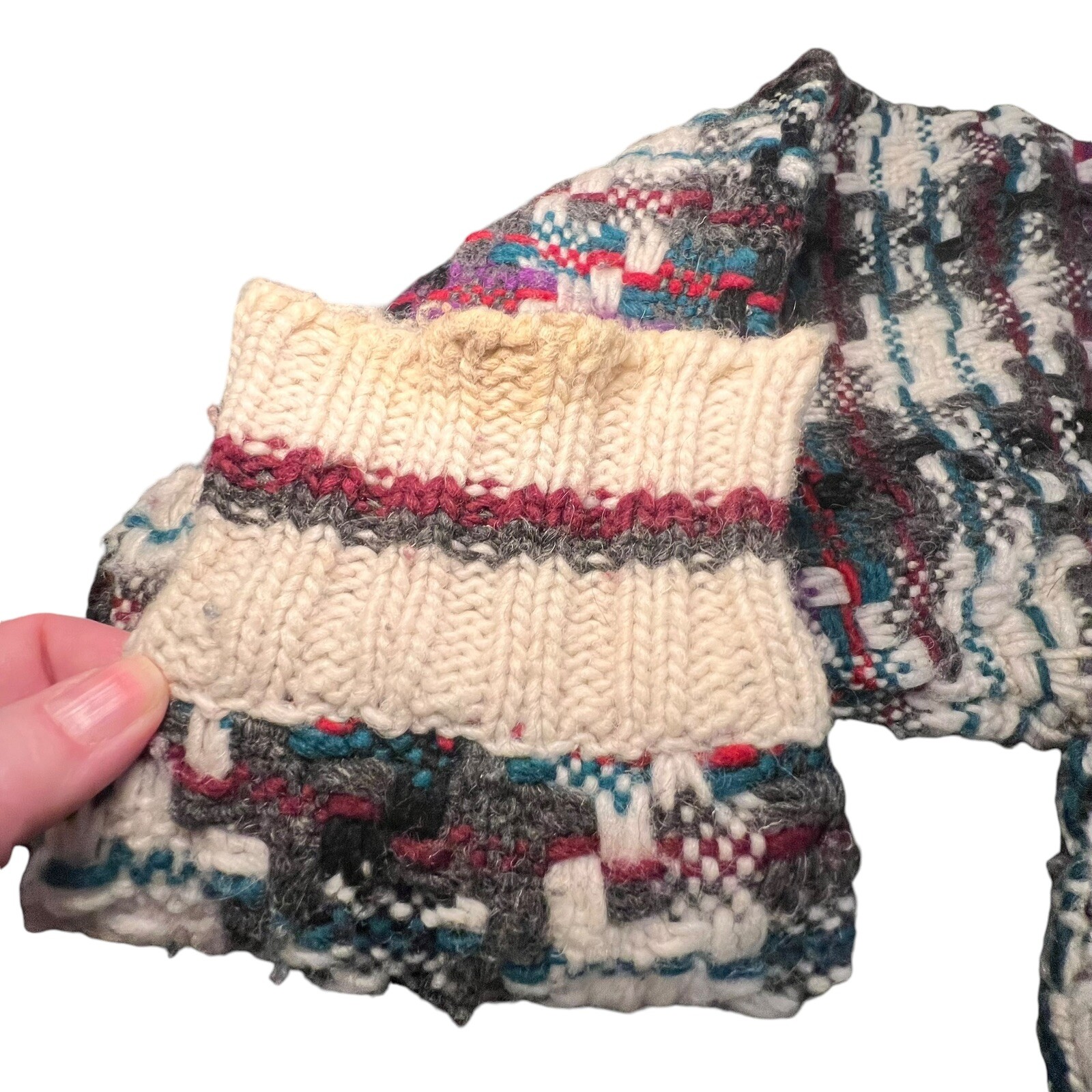 VTG Hand Made Wool Cardigan Sweater Size Large Wood Buttons Chunky Knit Plaid
