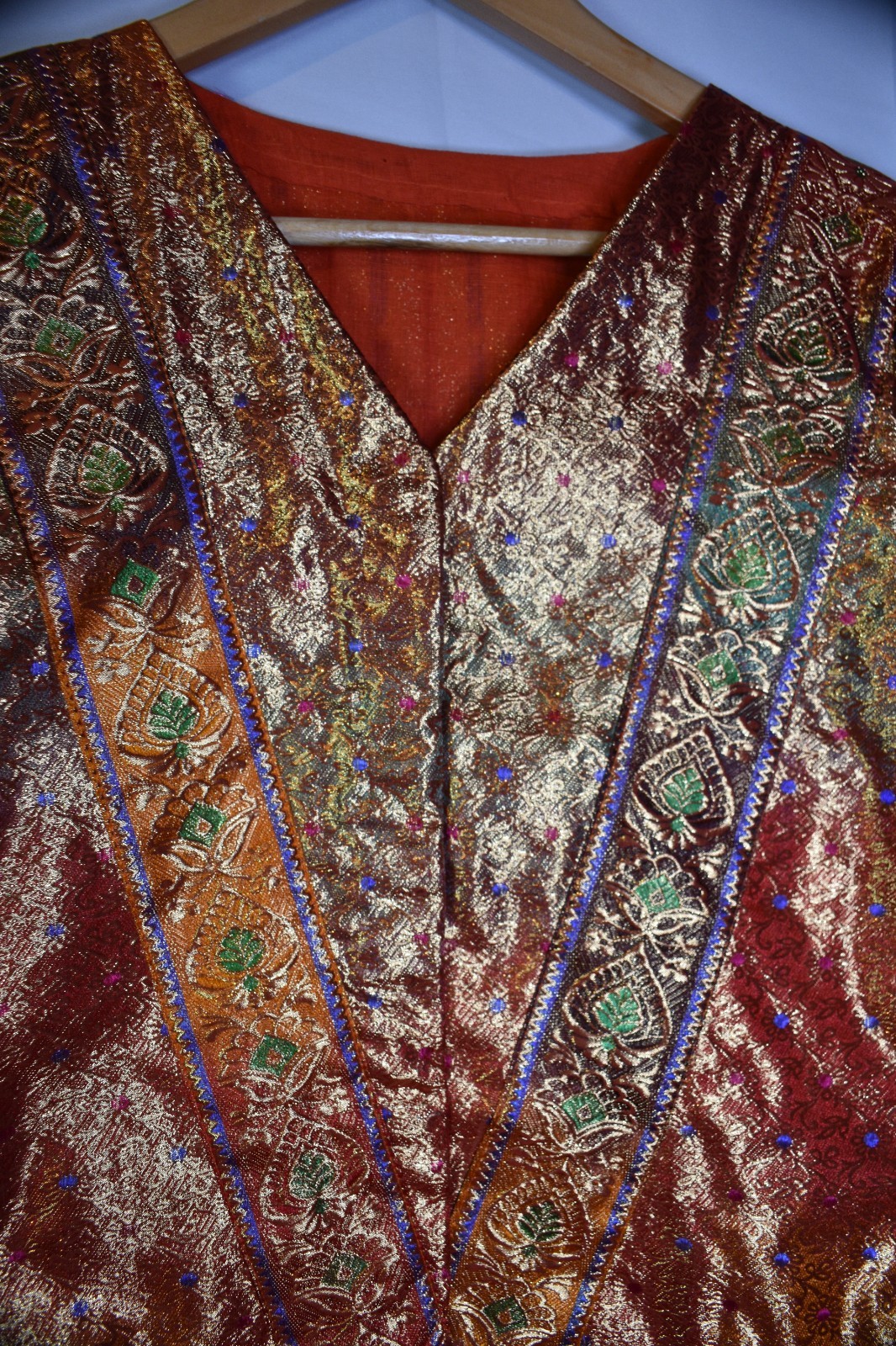 Vintage Indian Brocade Skirt & Jacket Set Gold Copper Silk Look Festival Wear