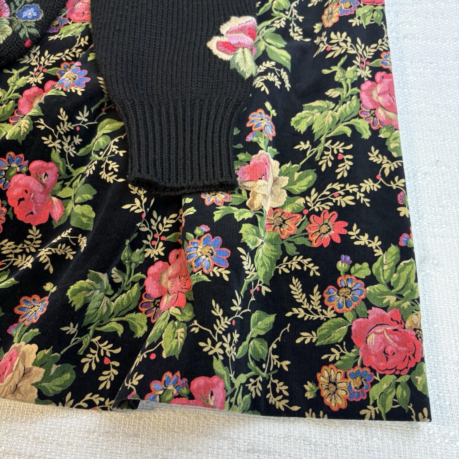 Vintage Herman Geist Hand Embroidered Cardigan & Velveteen Floral Skirt Set M