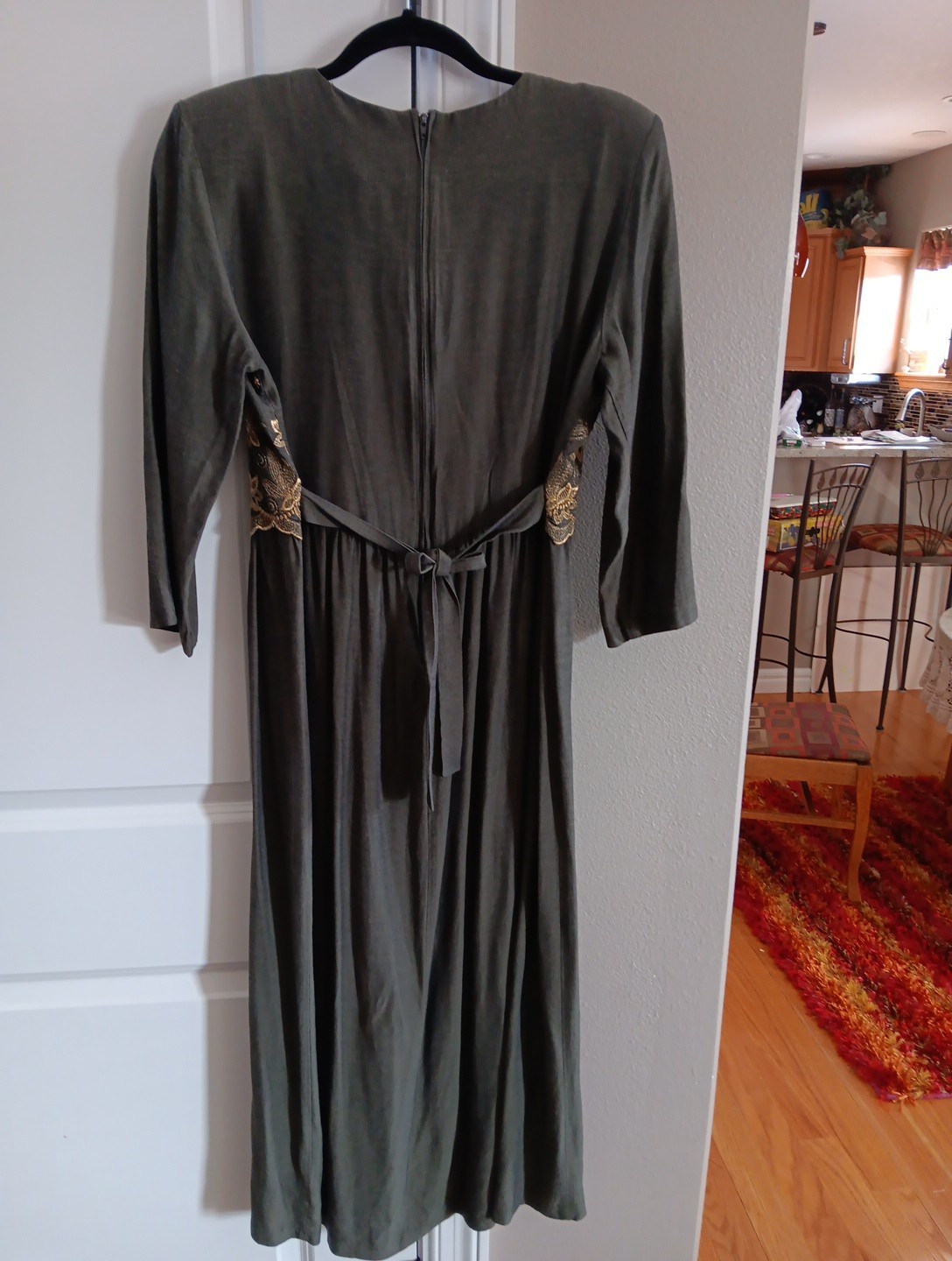 Vintage Another Thyme olive green and gold dress with 3/4 sleeve Size 10