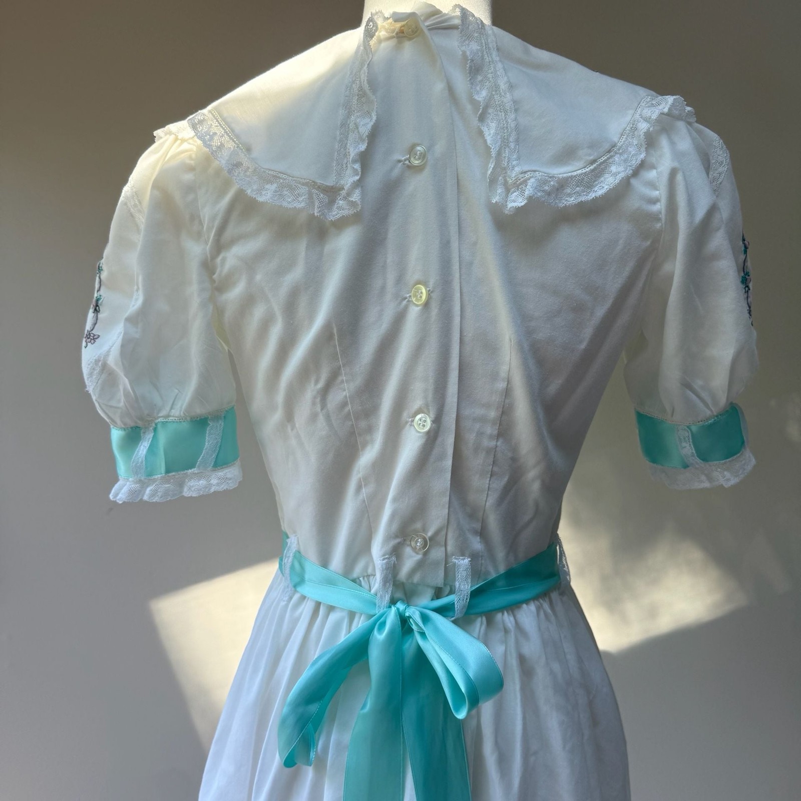 Vintage White Cotton Tea Dress with Aqua Ribbon Sash & Floral Embroidery