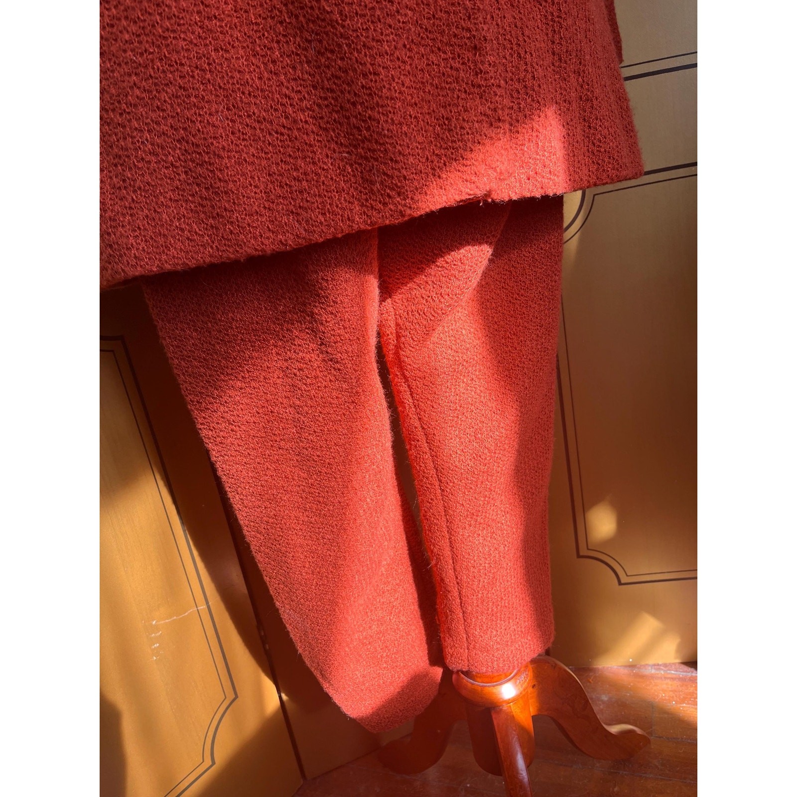 Handmade woolen pantsuit in rust, size 18