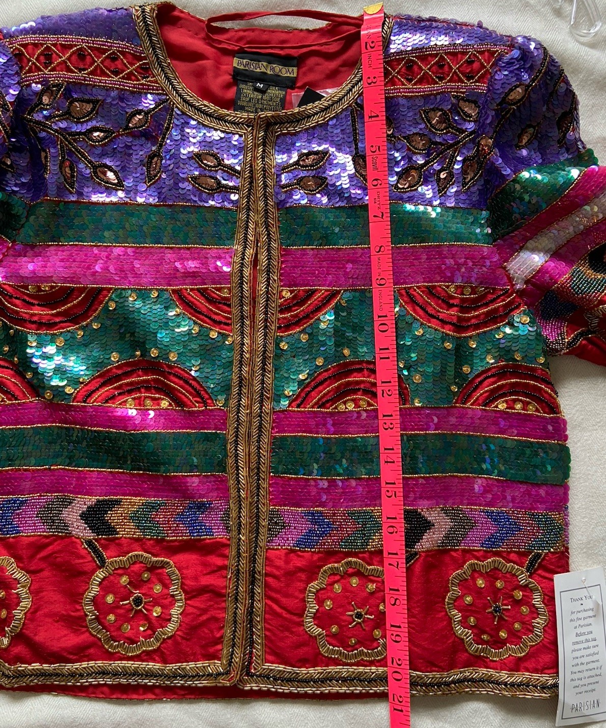 Vintage Women’s Beaded Sequined Jacket 100% SILK Bolero Sz. M By Parisian Room