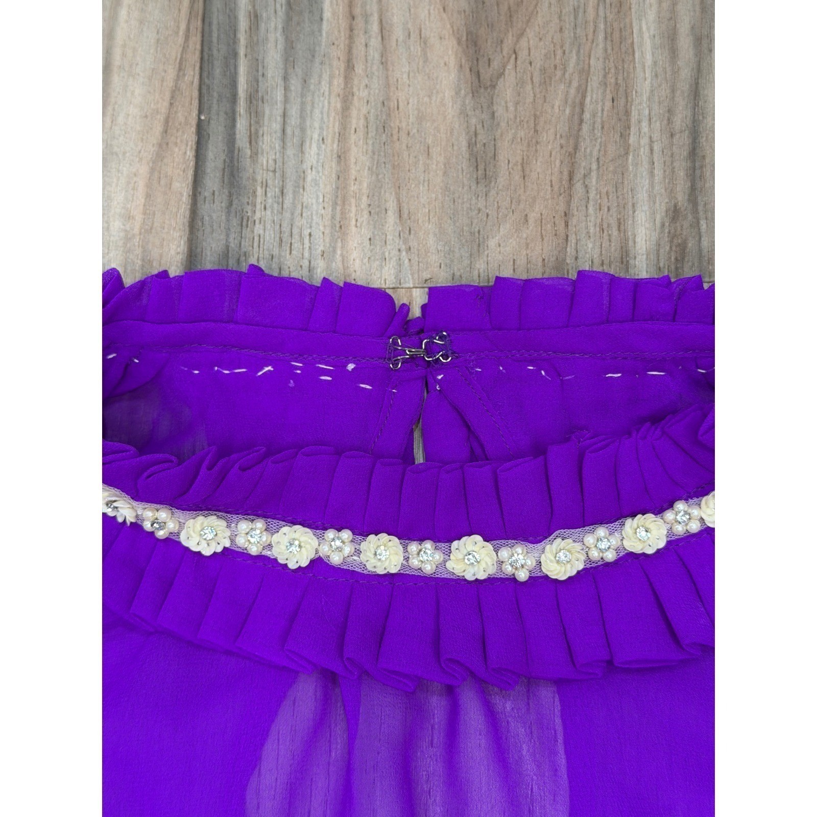 VTG Purple Sheer Chiffon Ruffle Neck Mini Dress Romantic Hollywood Regency S/M
