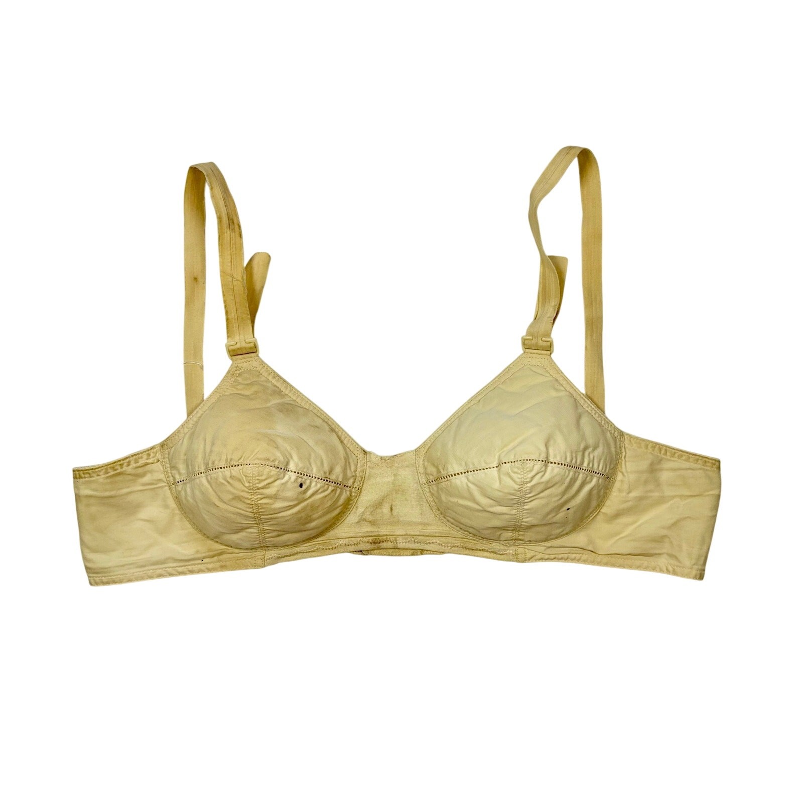 Vintage 1940s Cotton Bullet Bra Wireless Pointed Cup Cream WW2 Brassiere As Is