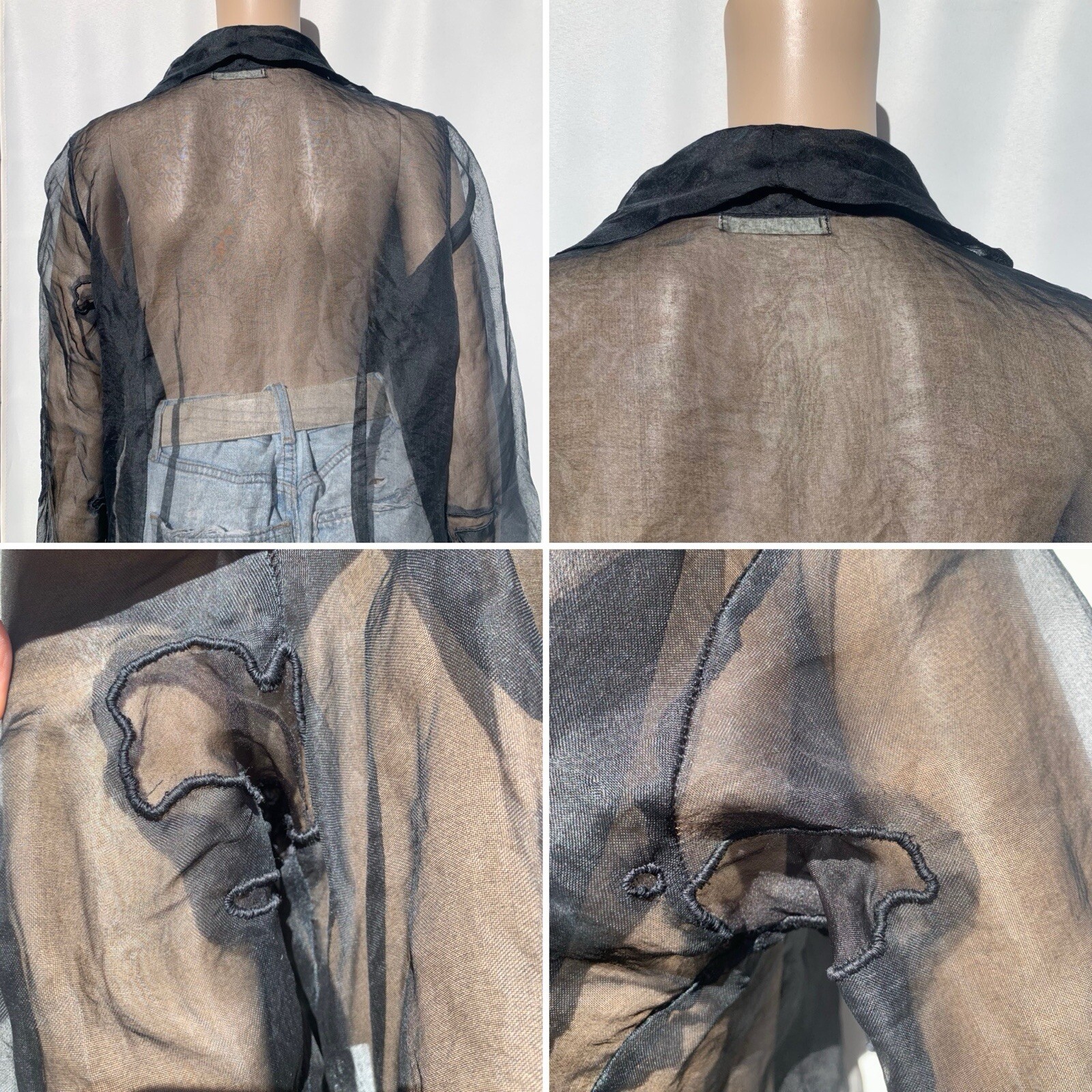 Repaired Vintage Designer Elan Vitale Avant Garde Sheer Black Rayon Duster Coat