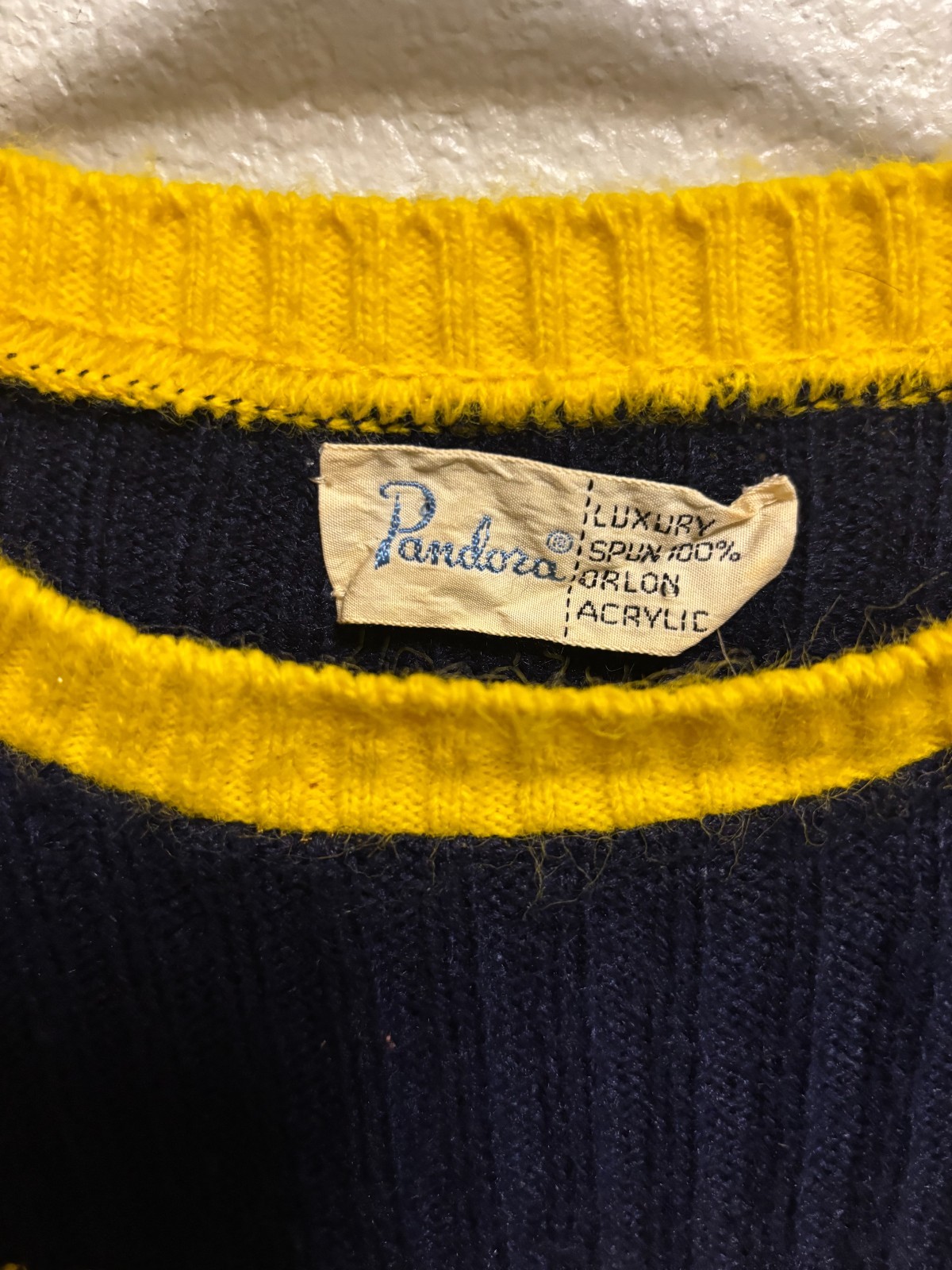 Vintage 70s Pandora Navy Yellow Diagonal Stripe Ribbed Sweater XS S