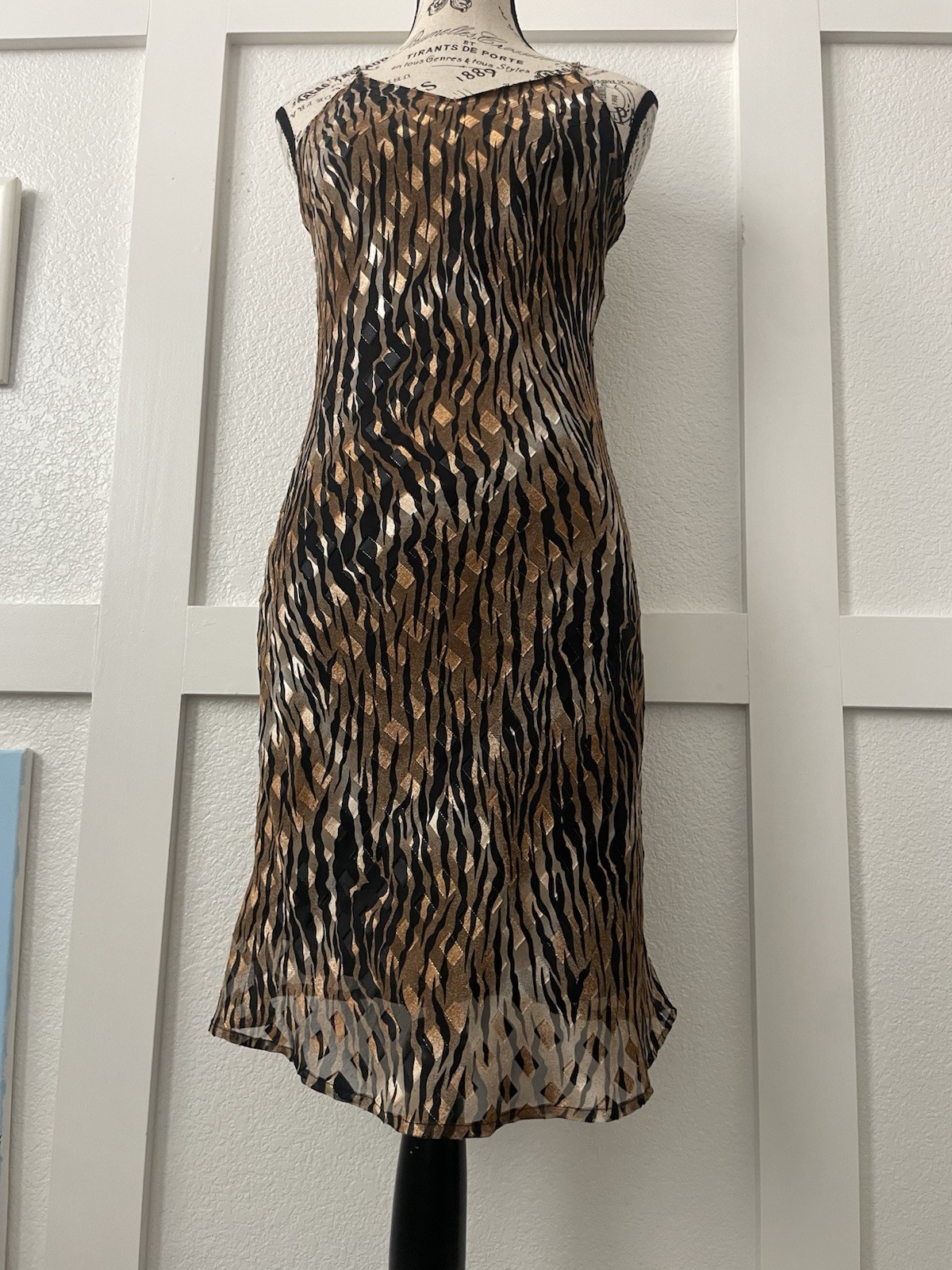 Vintage Mesmerize Brown & Black W/ Gold Tones Abstract Tiger Stripes Slip Dress