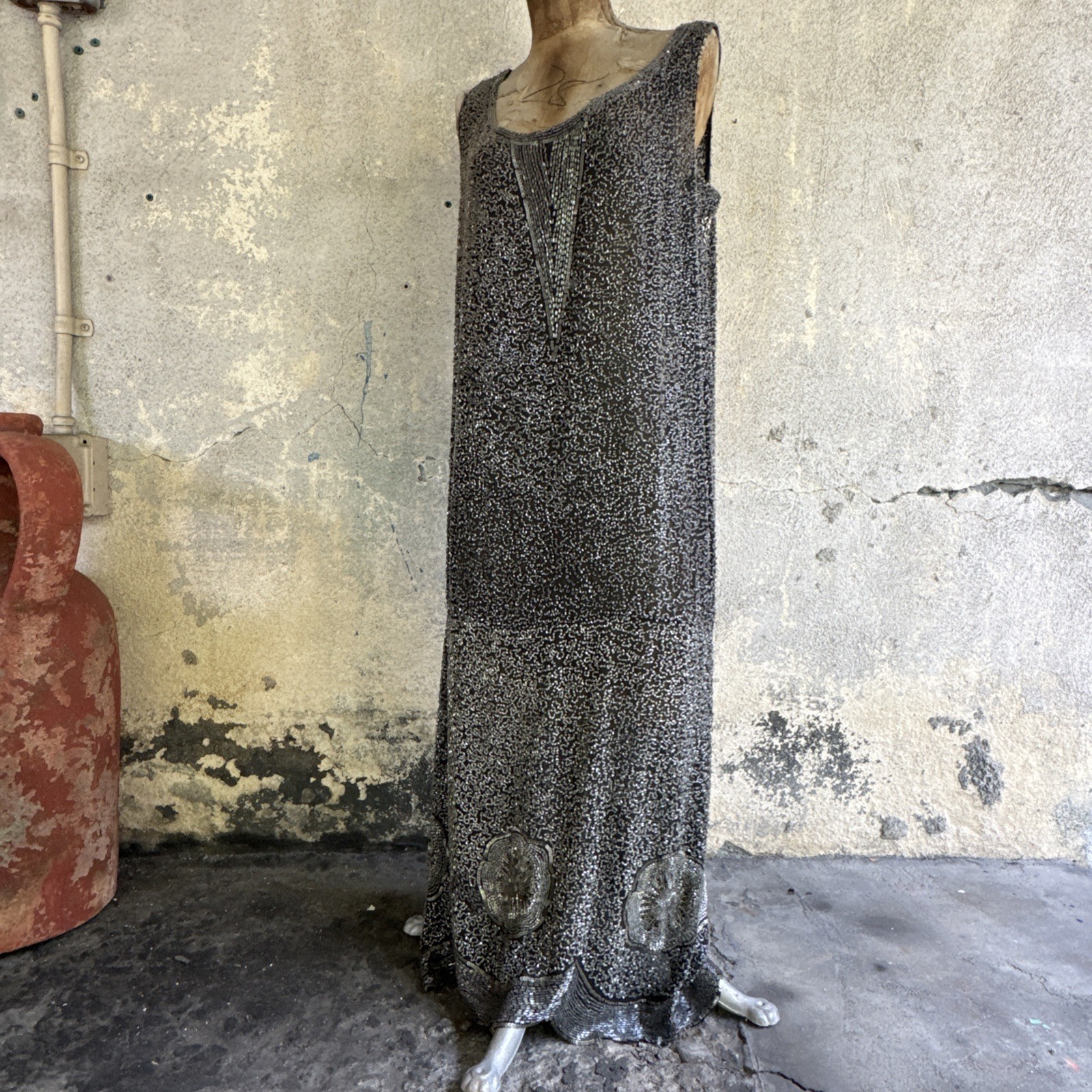 Antique 1920s Completely Silver Icy Beaded Gown Sequins Dress Scalloped Hem VTG