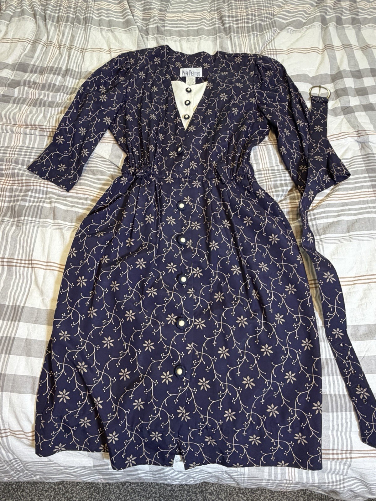 Vtg 80s Does 40s Peri Petites Navy Shirt Dress~8P~Belt 3/4 Puff Slvs Secretary