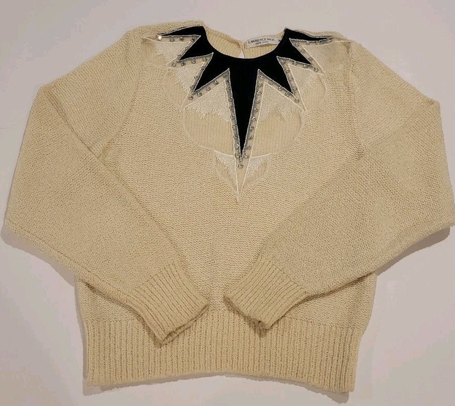 80s Ladies Sweater Lace Velvet Rhinestones Black Ivory Vtg Dressy Sz M New York