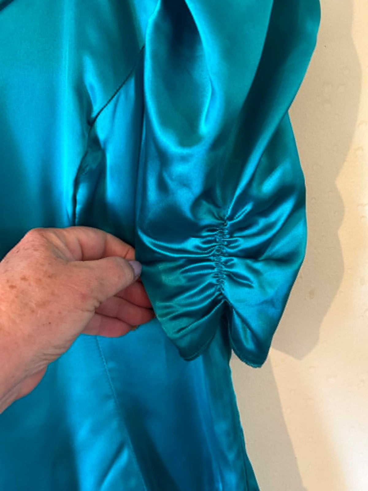 Vtg 80s Teal Acetate Liquid Satin Prom Dress Open Back Bow Puff Sleeve USA Sz 12
