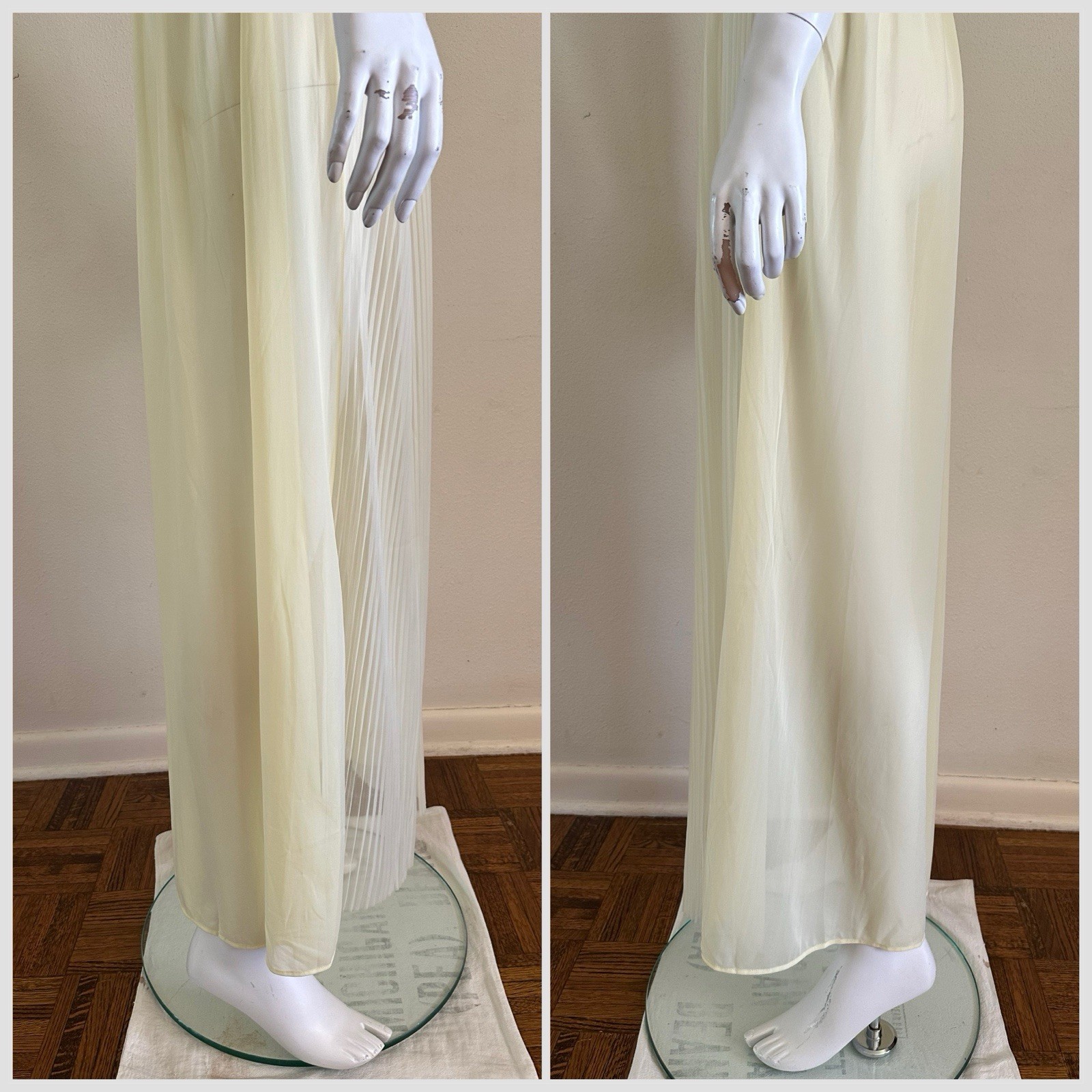 1970s Edwards Yellow Lace Nylon Gown Pleated Prairie Romantic Maxi Dress VTG