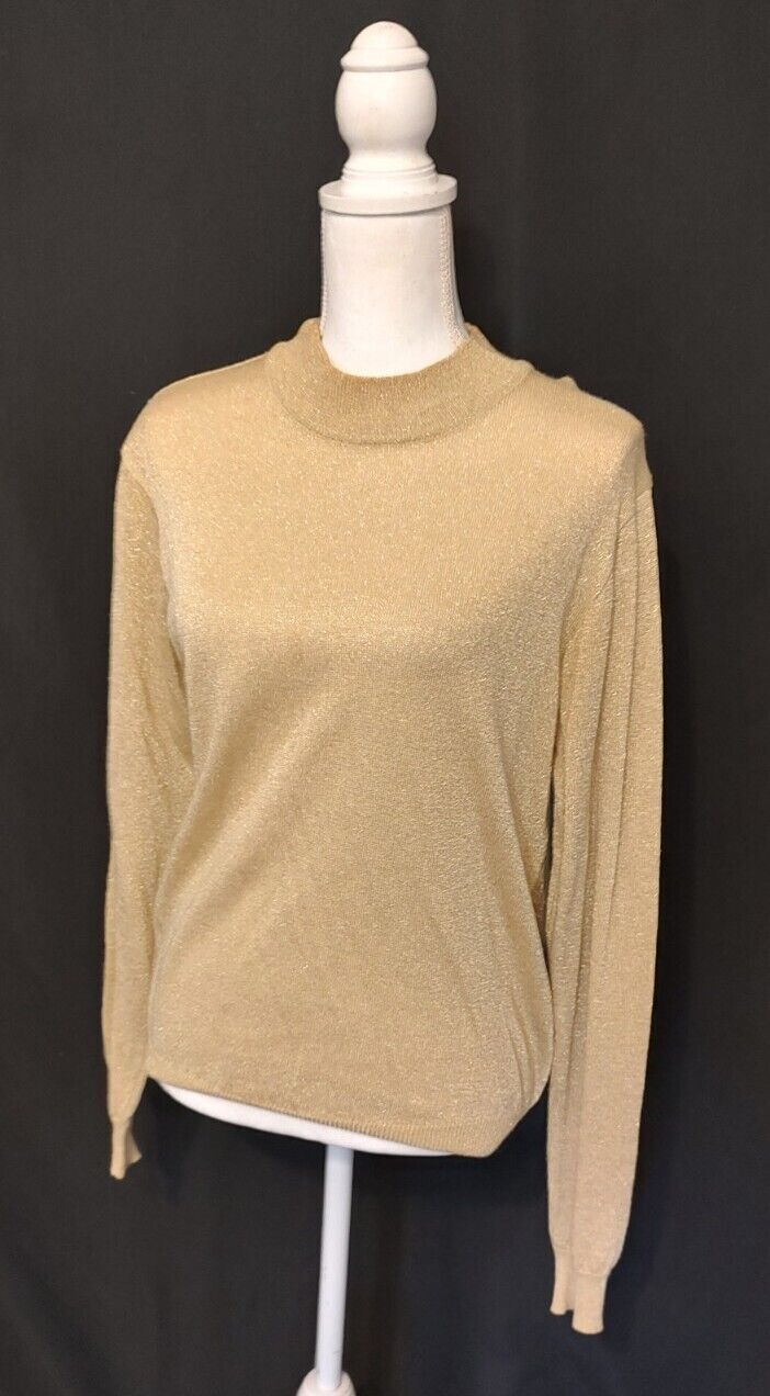 80s Vintage Baxter & Wells Sweater Gold Metallic Mock Neck Pullover Sparkle Sz M