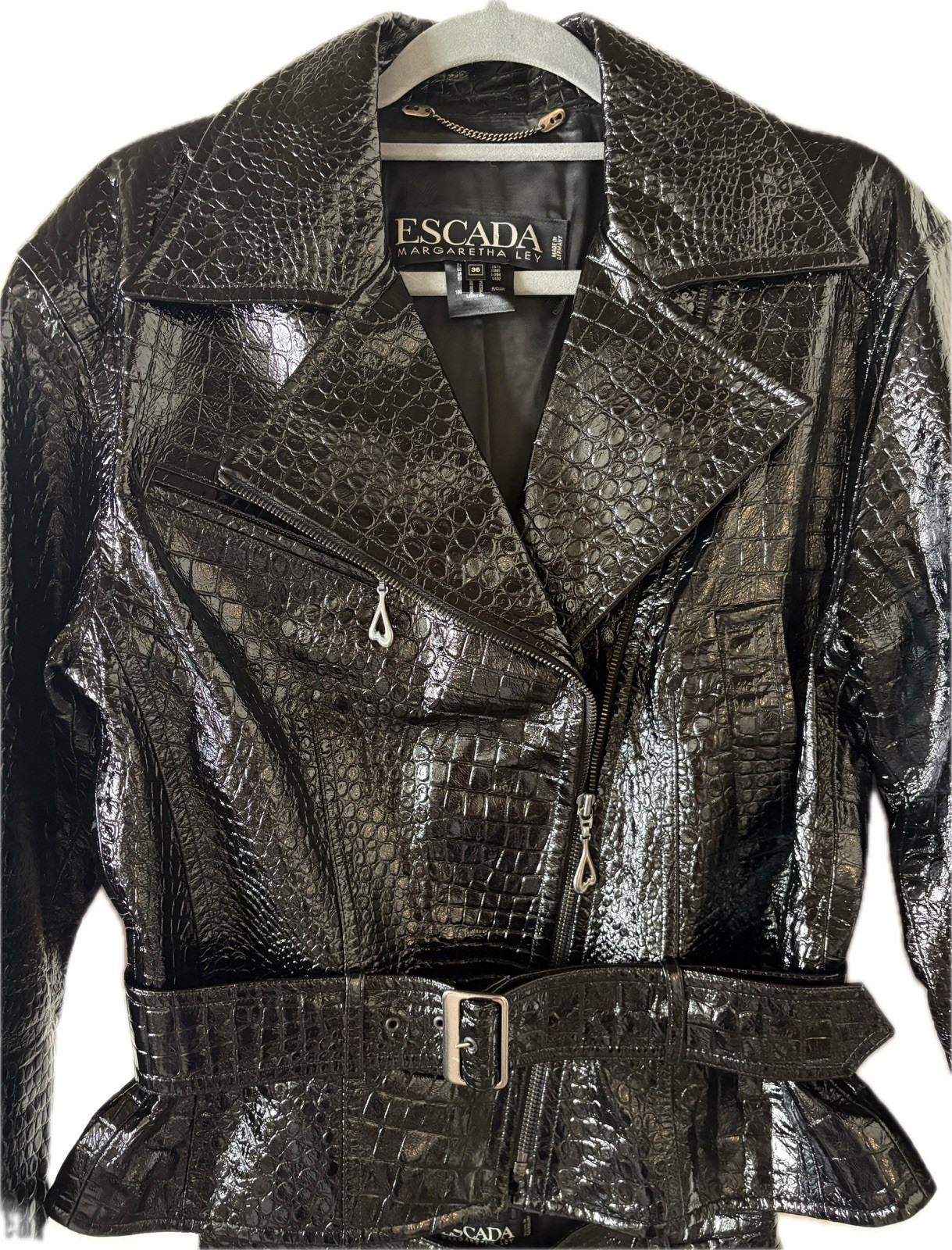 Rare Escada Margaretha Ley Pantsuit Set Leather Croc Embossed Moto EU 34/36