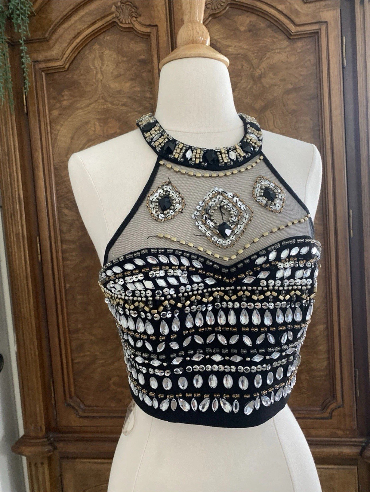 Vintage Y2k 90s Black Sequin Beaded Top Sz 9 Mesh Cropped Mcgoth Bling