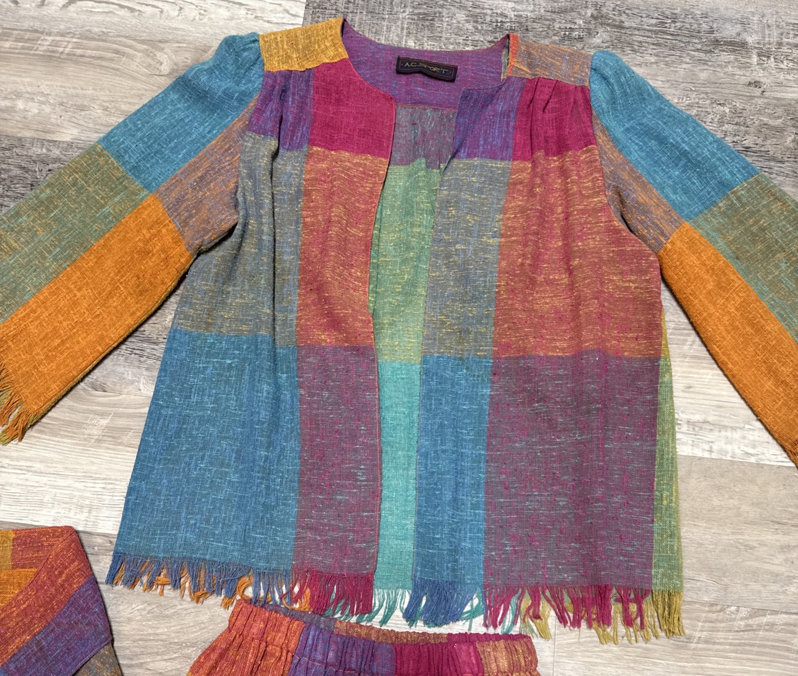 Vtg AC Sport 3 Pc Patchwork Skirt and Jacket Blazer Belt Suit Multi Color Boho S