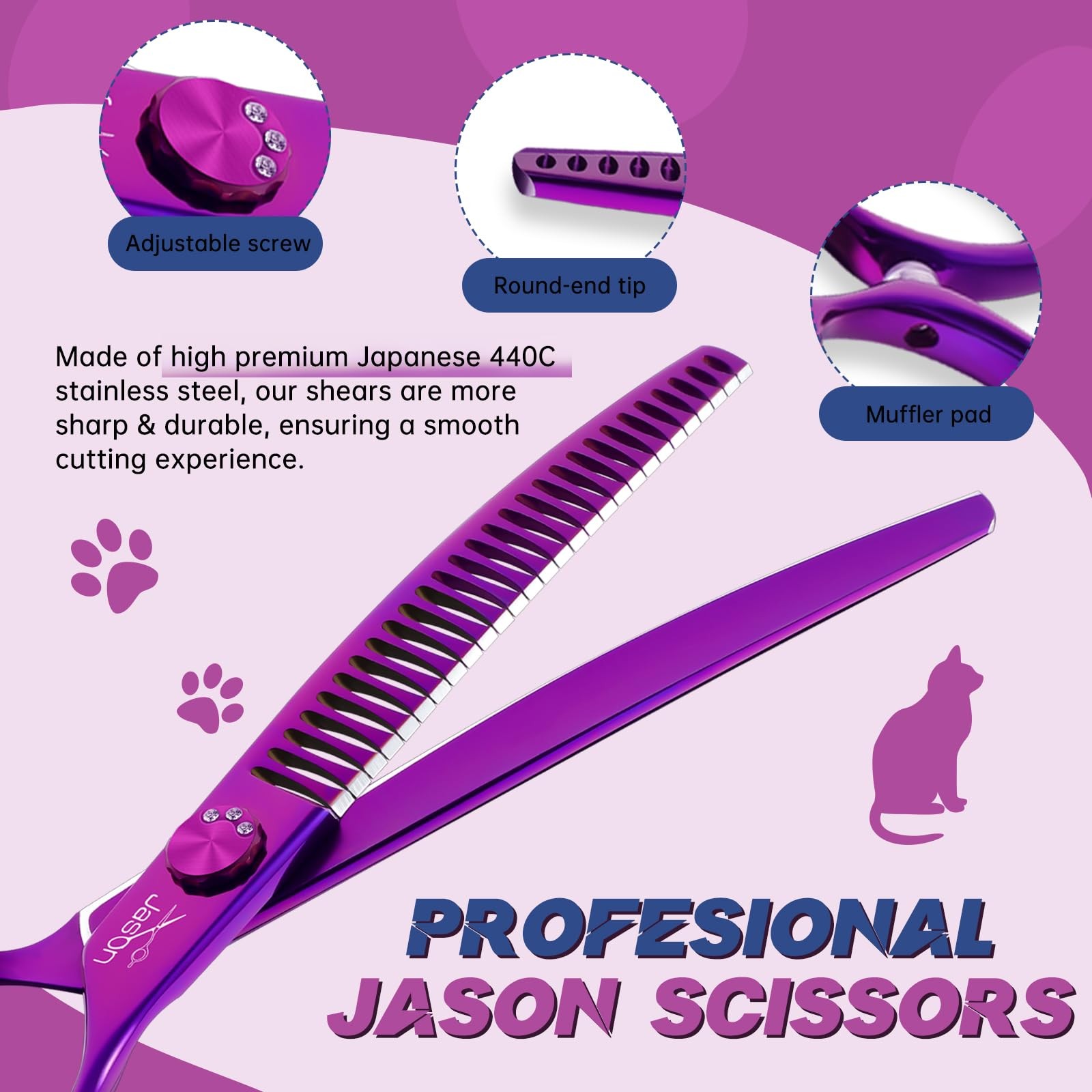 JASON 7&Prime; Ergonomic Curved Dog Scissors – Purple 440C Stainless Steel Grooming Sc