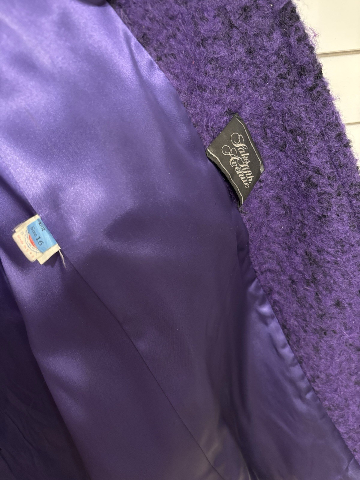 VTG Pauline Trigère Wool Blend Wrap Purple Black Coat Saks Fifth Ave Size 16