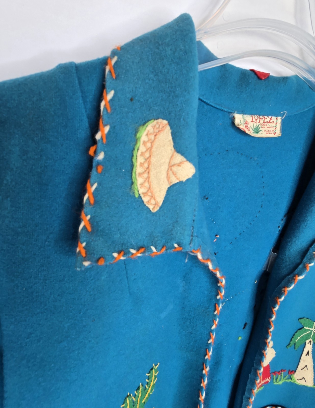 Vintage Mid-Century Lopez Mexican Wool Embroidered Souvenir Jacket – Teal As-Is