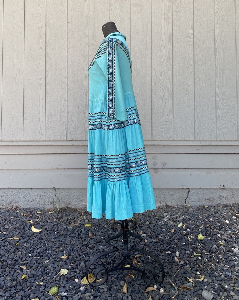 Vintage 1950s Western Patio Fiesta Dress Ric Rac Crinkle Cotton Ranchwear 34/36W