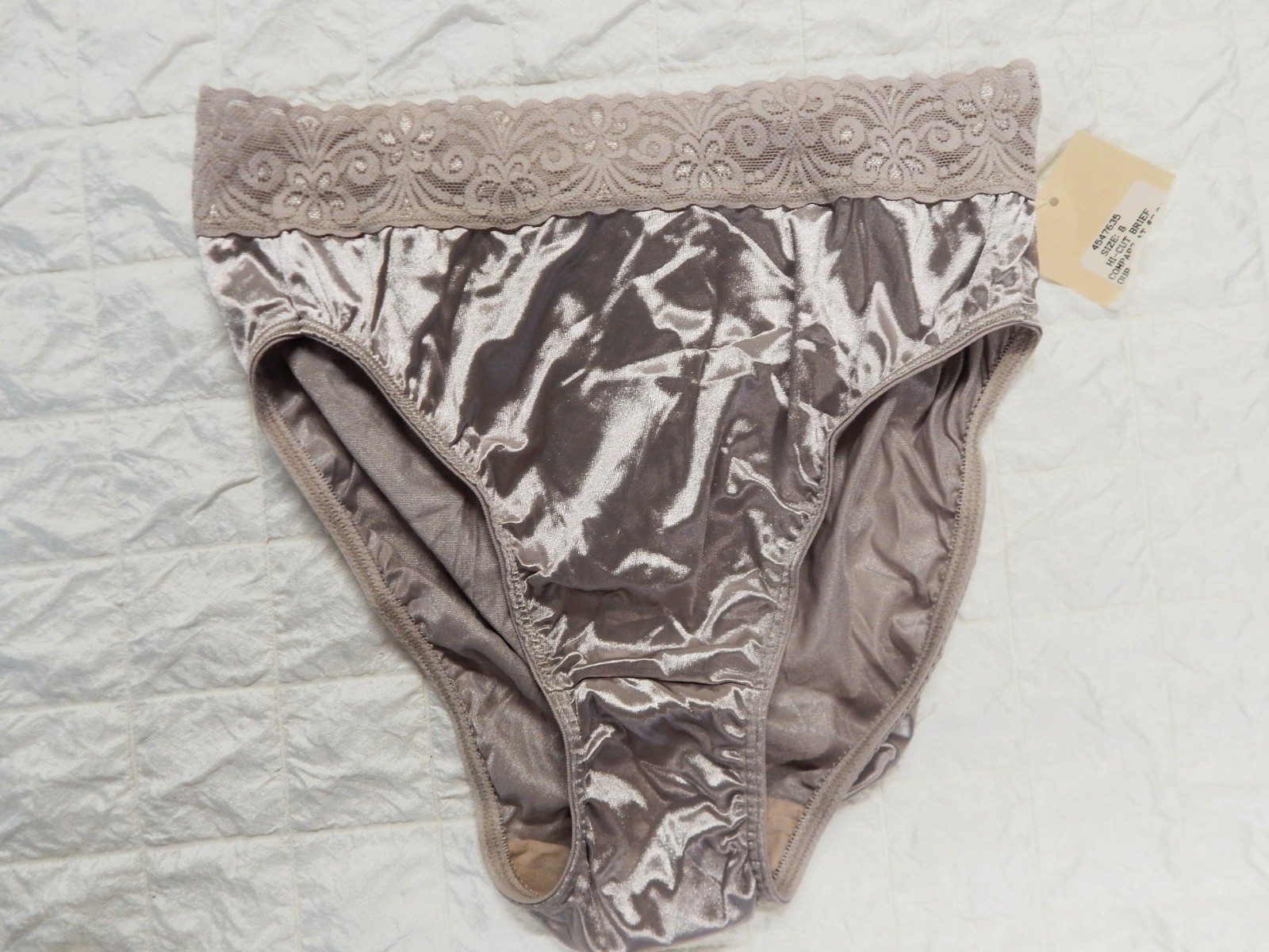NOS Vintage Bali Studio Second Skin Lace Hi-Cut/Hi-Leg Satin Panties Taupe Sz 8