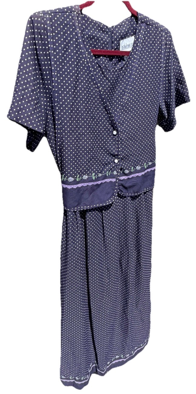 Vintage 80-90’s Just in Thyme Rayon Blue w/White Polka Dots Dress w/Vest Sz 16