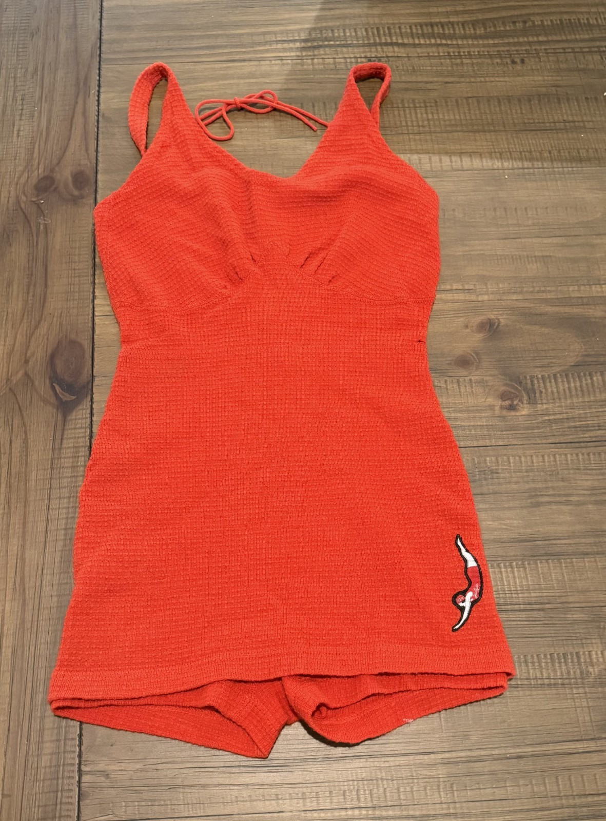 Vintage Jantzen Red Knit One Piece Swimsuit Diving Girl Boy Leg Size 36 USA