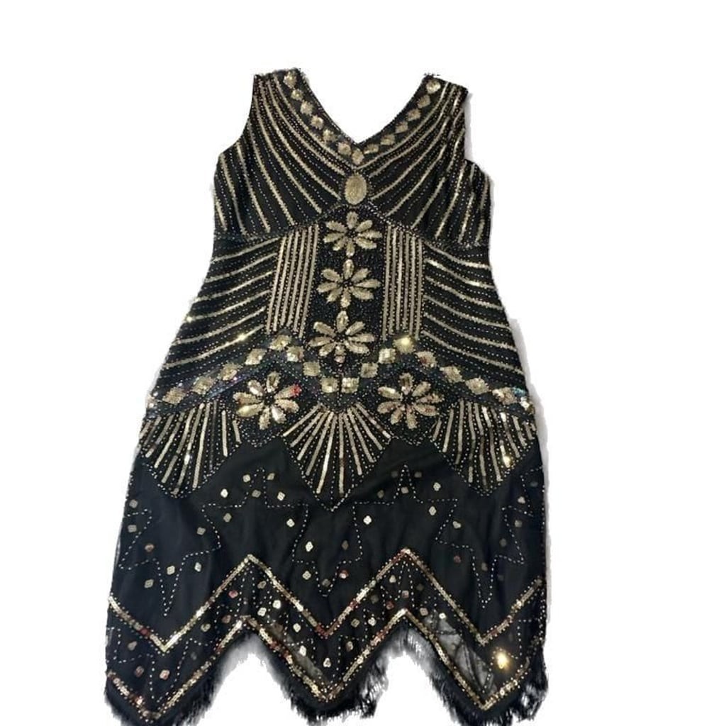 1920s Flapper Style Sequin Fringe Dress Black Gold Size XXL