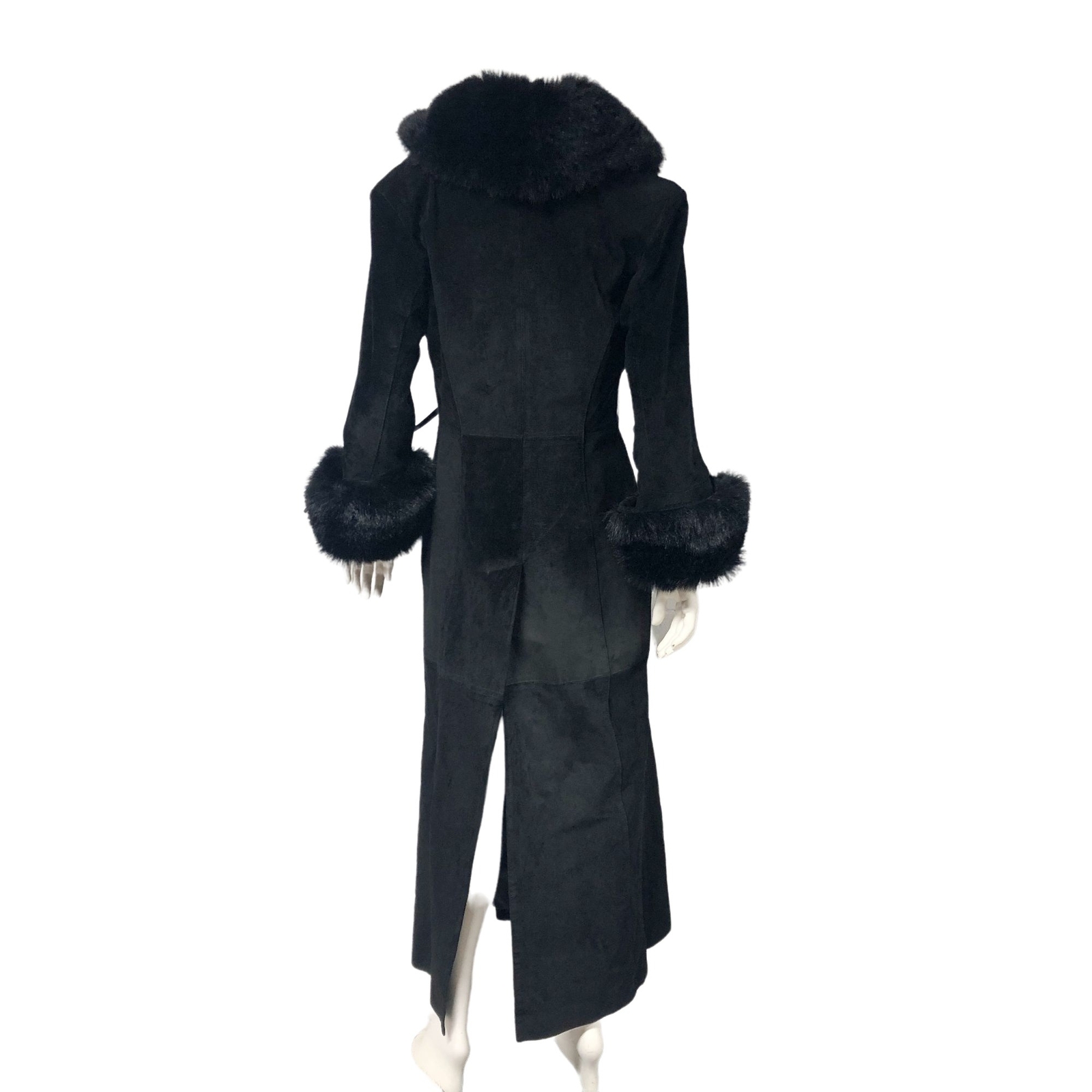 Vintage Y2K 2000s Express Black Suede Faux fur Long Coat Duster Size 5/6