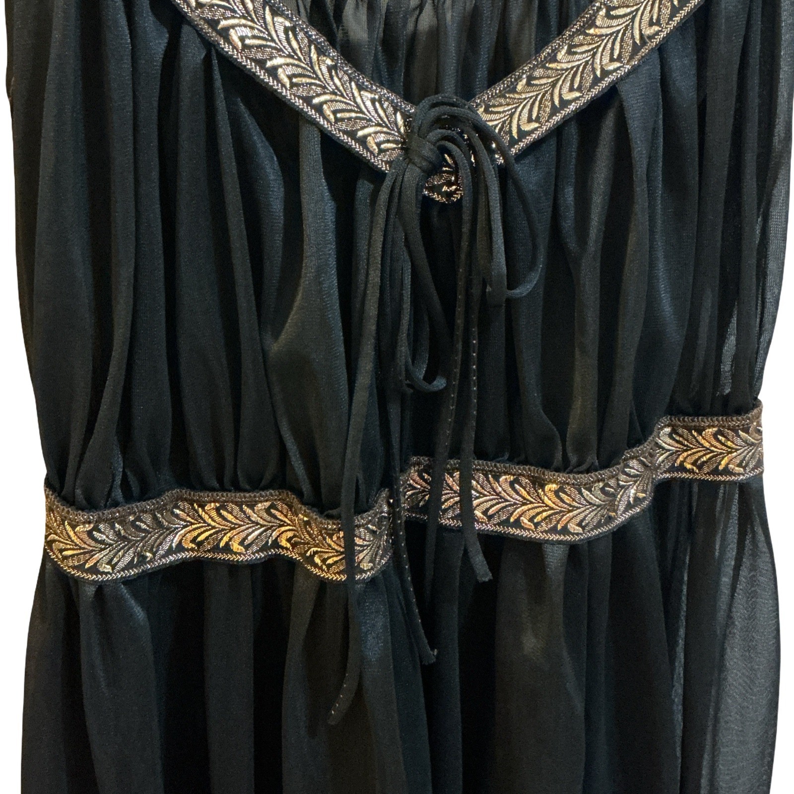 Vintage Black Sheer Empire Waist Nightgown Gold Laurel Leaf Embroidery Small