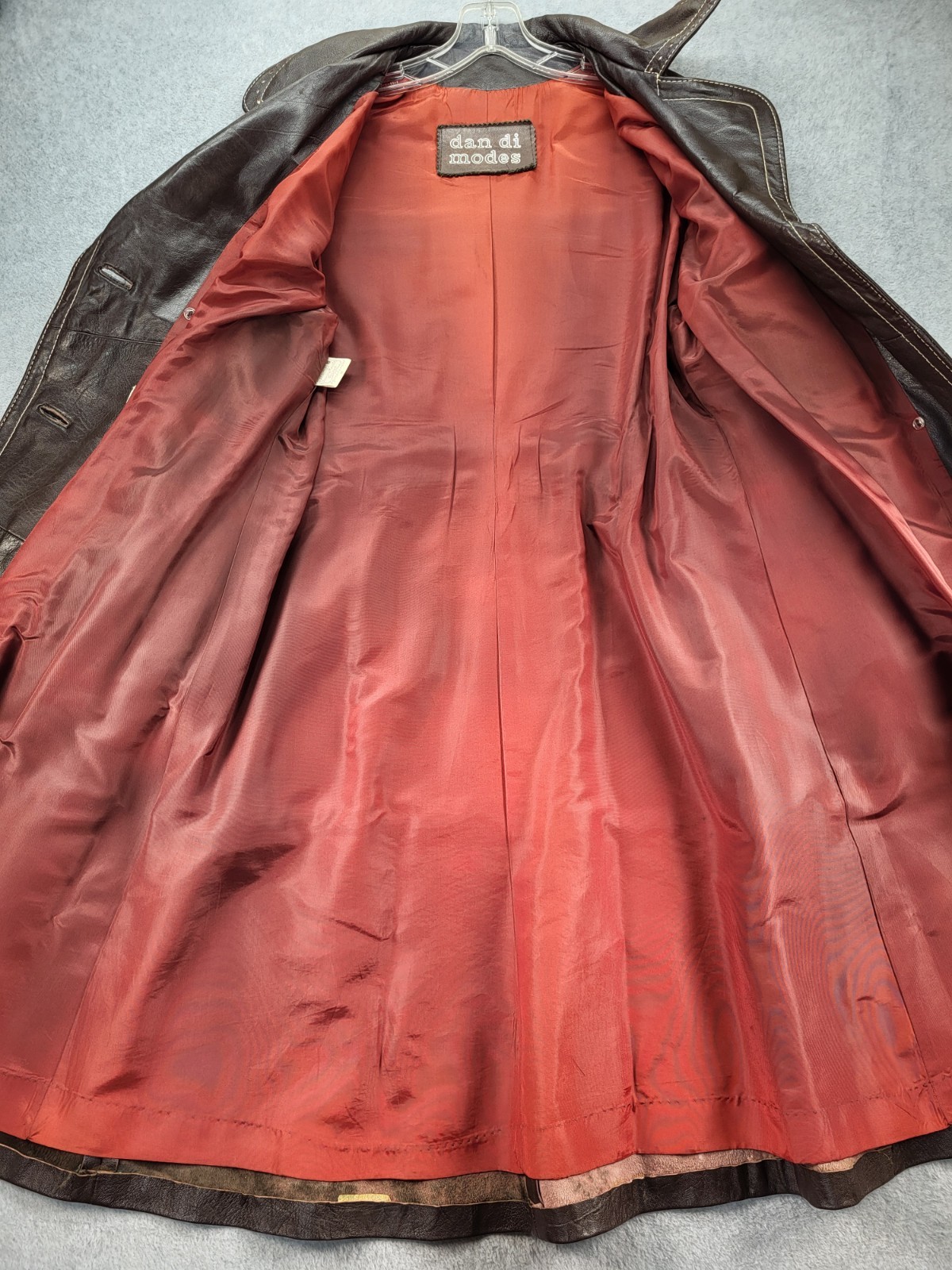 Dan Di Modes Belted Brown Leather Trench No Size Tag Distressed Spots Vintage