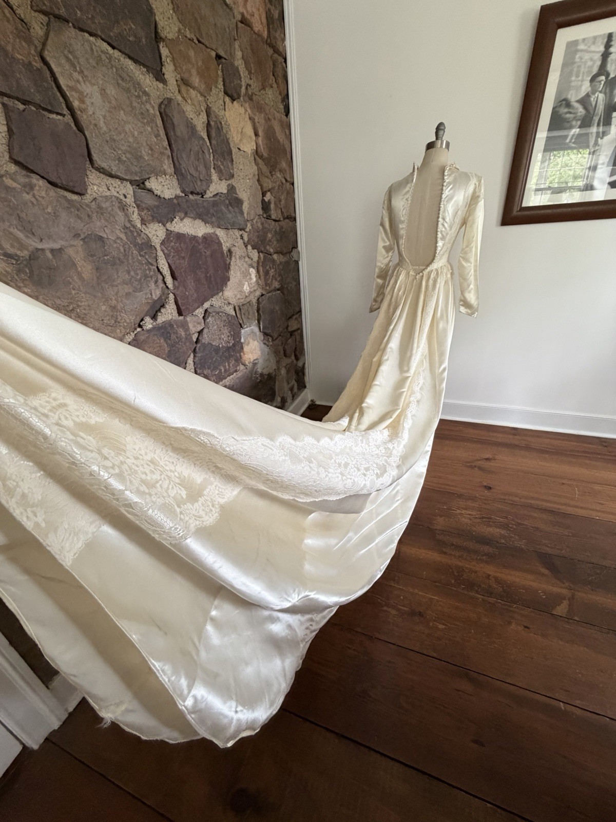 Vintage 1940s Wedding Dress, Liquid Satin,Ivory, Long Dramatic Train, Lace