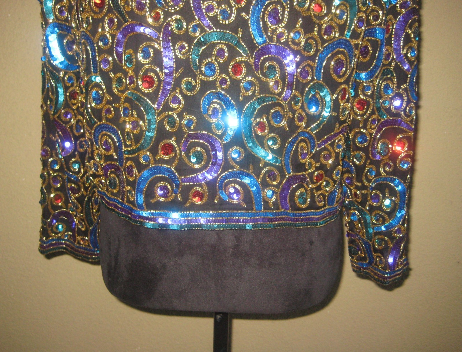 Vintage Scala black silk sequins beads multicolor cropped evening jacket S