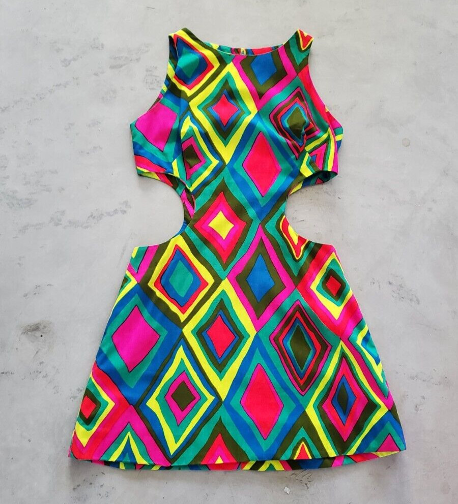 Vintage 60s PSYCHEDELIC Cutout Cotton Geometric Mini MOD GO-GO Beach Sun Dress S
